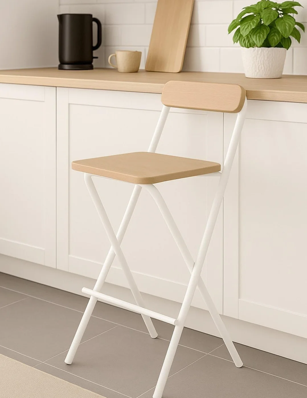 Taburete Plegable Alto de Metal Extra Grueso con Reposapies para Cocinas y Bar, Silla con Respaldo Resistente, Blanca/Haya
