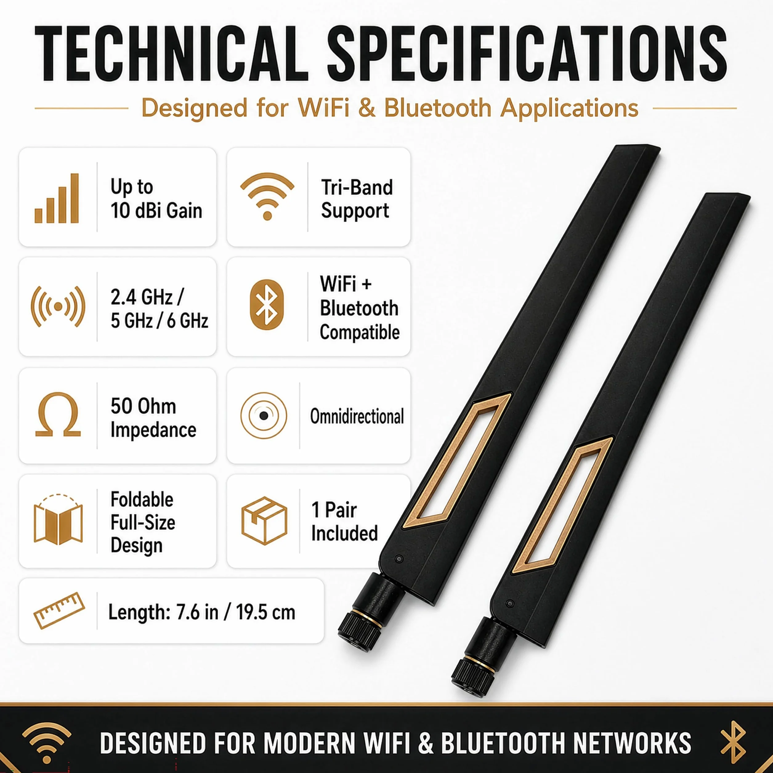 Antenas Wi-Fi de doble banda de 10 dBi (2.4 GHz/5 GHz-5.8 GHz) con conector macho RP-SMA para cámara inalámbrica, router, punto de acceso - 2 unidades