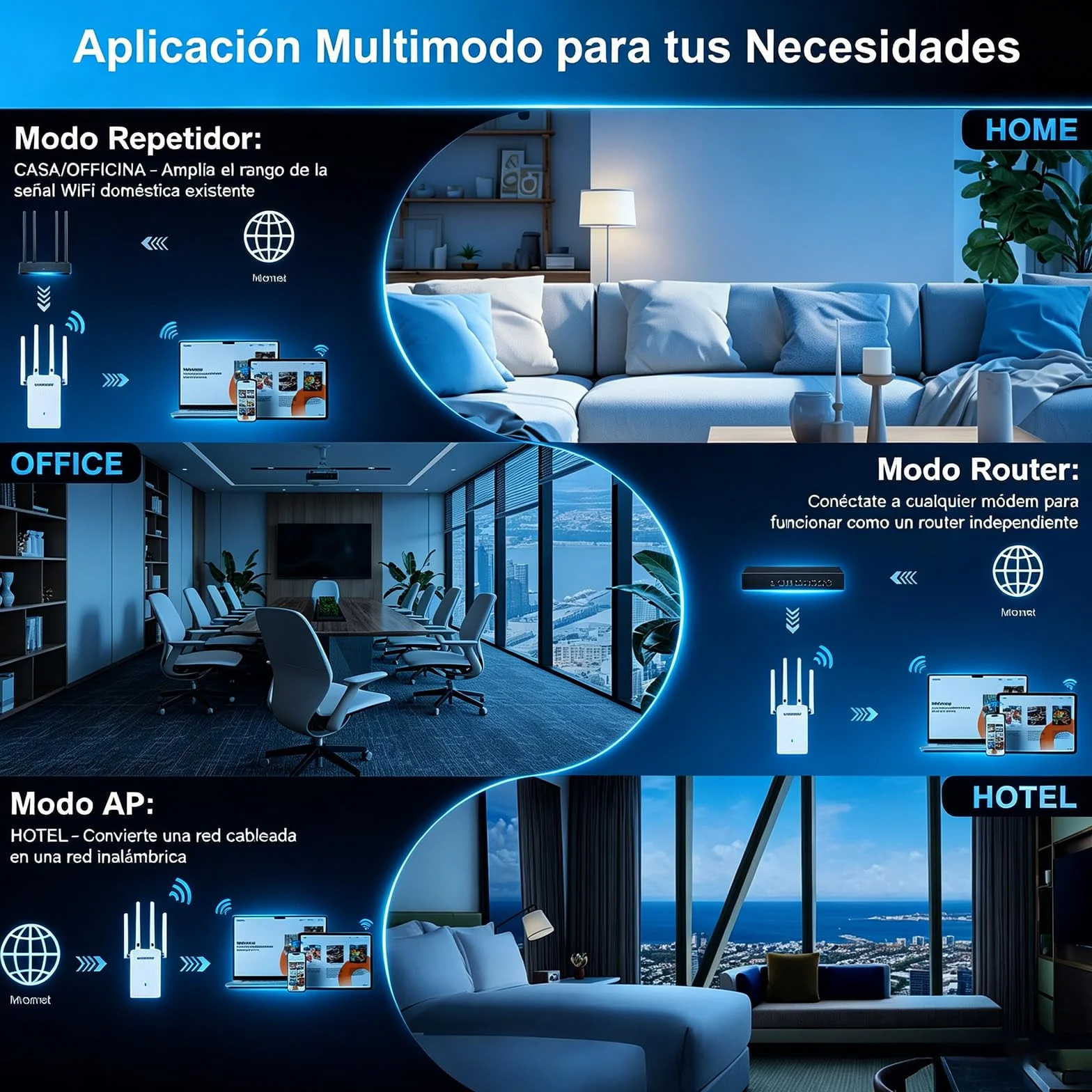 COMFAST Repetidor WiFi, AC1200M Amplificador Señal WiFi, 2.4/5 GHz Amplificador WiFi Potente con Puerto Ethernet, 4 Antenas Externas, Extensor de WiFi para Casa y Oficina, WPS, Repetidor/Router/Ap