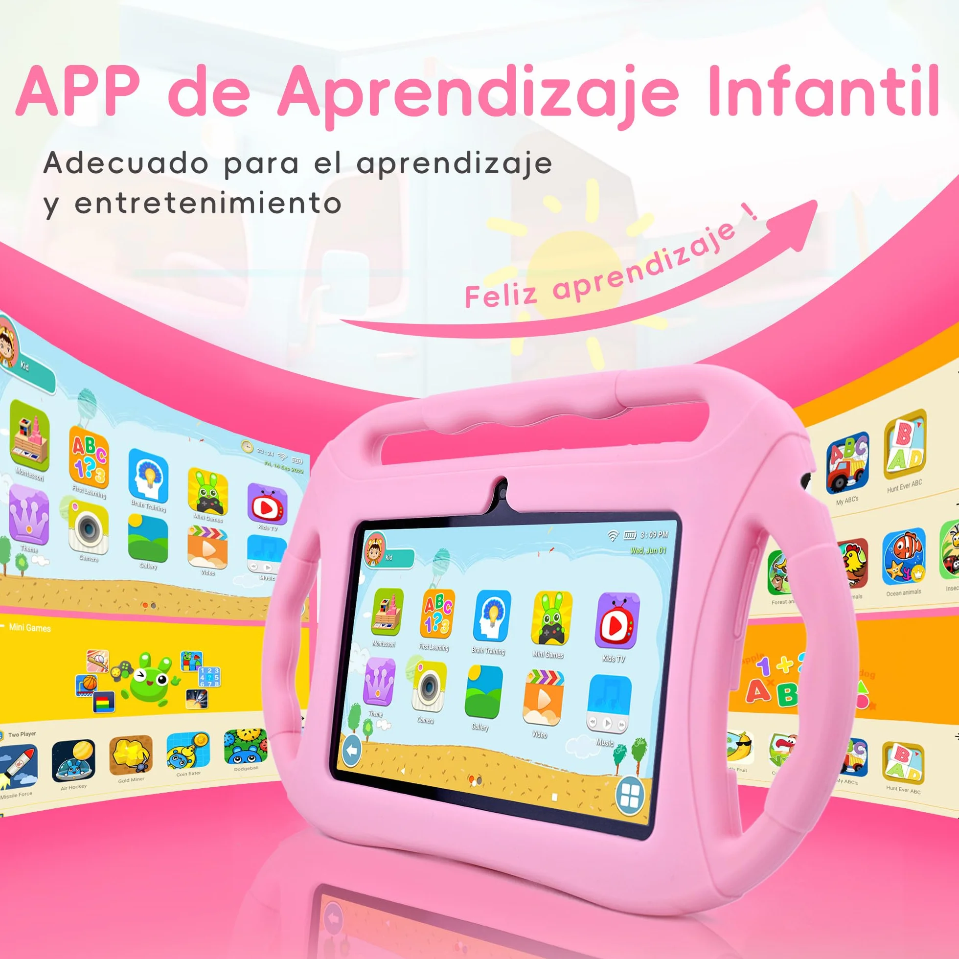 Veidoo Android Tablet para niños, 7 Pulgadas HD Tablet Infantil, 2GB RAM 32GB ROM, WiFi, Cámara Dual con Estuche, Control Parental, Juegos Educativos, Protección para Los Ojos(Rosa)