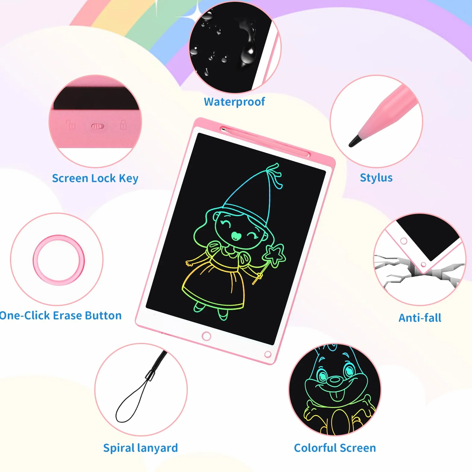 Tableta Escritura LCD Color 8.5 Pulgadas, Tablet Escritura Niños, Pizarra Digital con Botón De Eliminación de Pantalla e Interruptor de Bloqueo para Juegos para 2 3 4 5 6 7 Años, Rosa