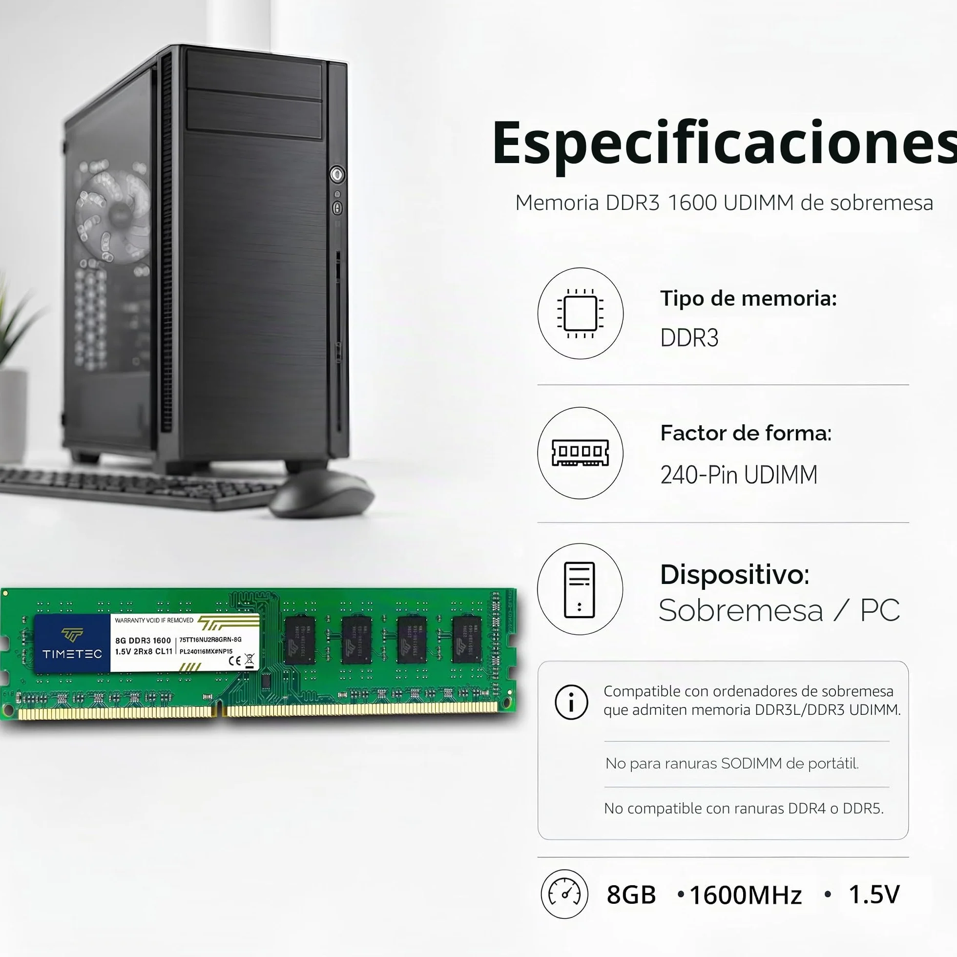 Timetec 16GB Kit(2x8GB) DDR3 1600 MHz (DDR3-1600) PC3-12800 (PC3-12800U) no ECC sin búfer 1.5 V CL11 2Rx8 Dual Rank 240 Pines UDIMM computadora de Escritorio RAM (SDRAM) módulo