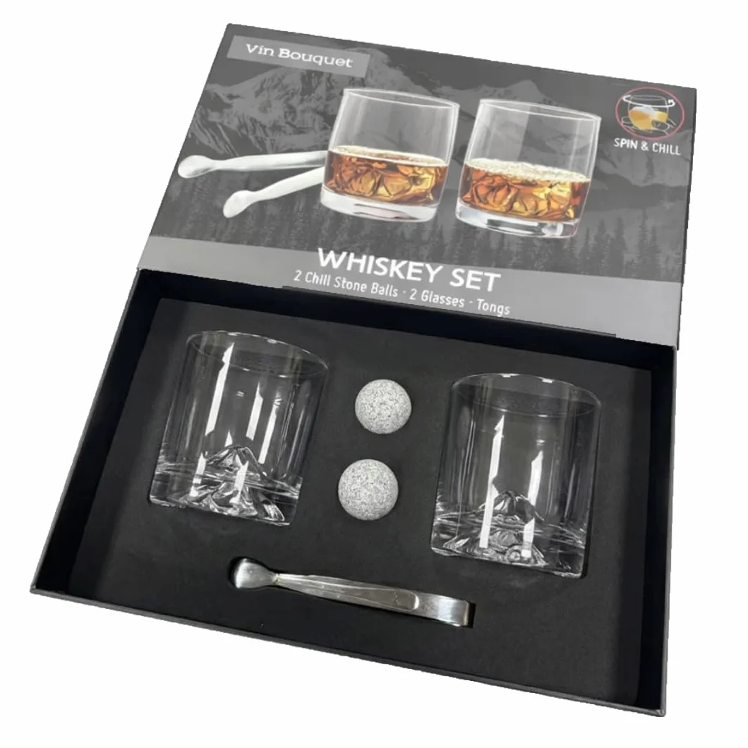 VB Vin Bouquet FI 1552 Set Set de Whisky Premium con Vasos Diseño Montaña 360 ml, 2 Piedras de Granito Enfriadoras, Pinzas Acero Inoxidable, Presentación en Caja Regalo