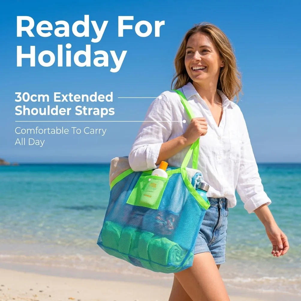 Bolsa de playa grande 45 x 45 x 30 cm malla para juguetes almacenamiento plegable secado rápido