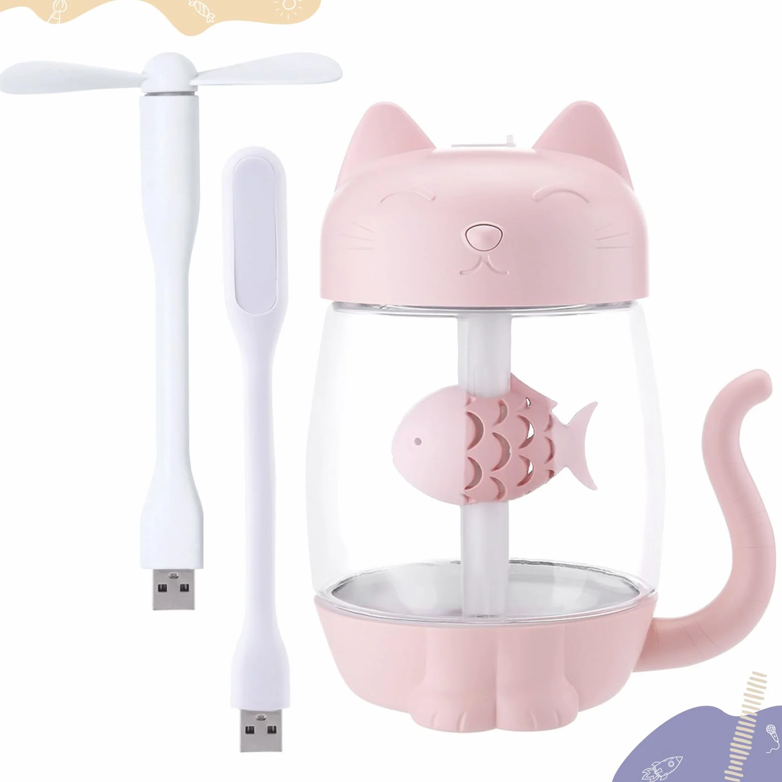 Mini Humidificador Infantil de Gatito 350ml con Luz LED USB y Mini Ventilador Niebla Fría Silenciosa para Niños