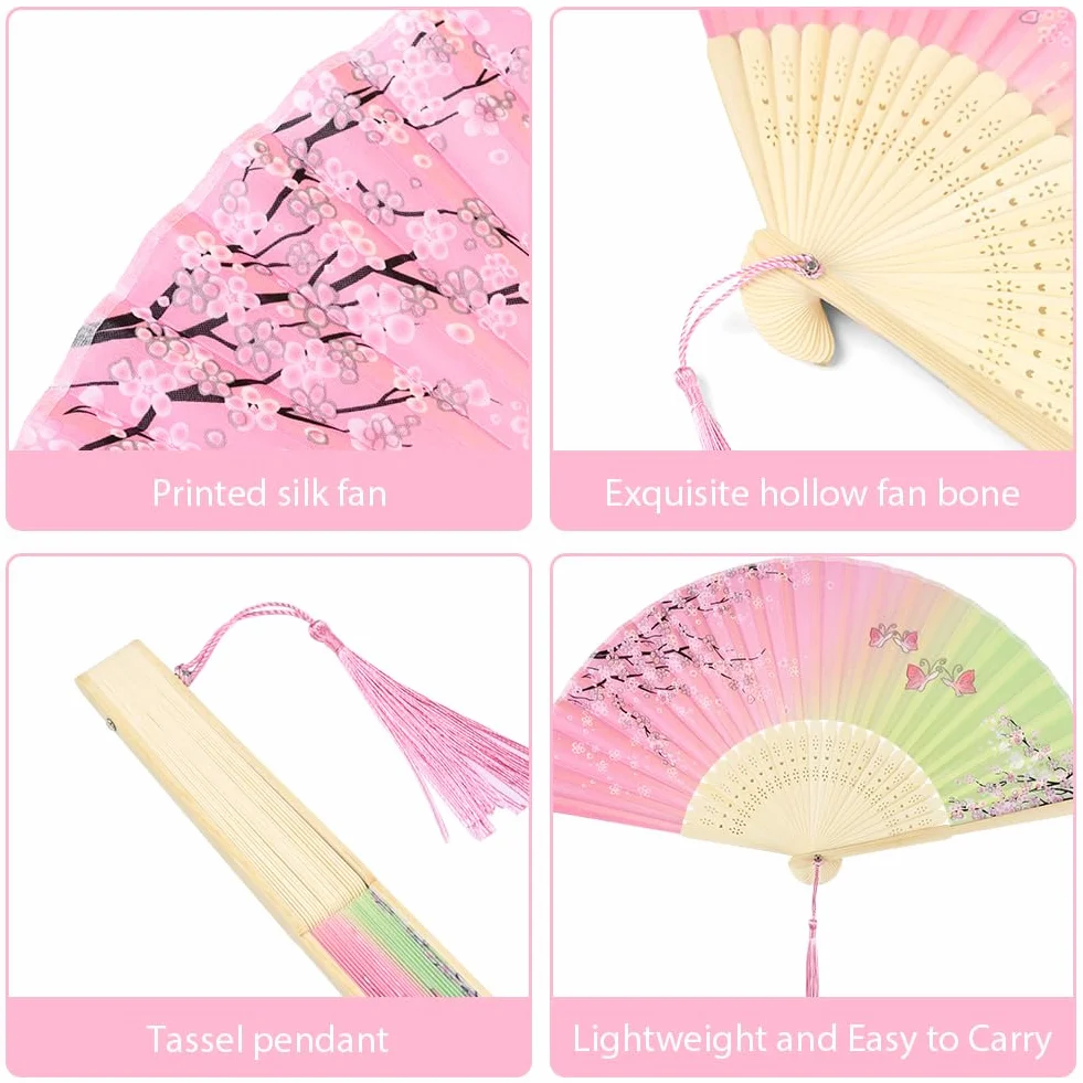 Abanico de bambú plegable chino con borla verde rosa
