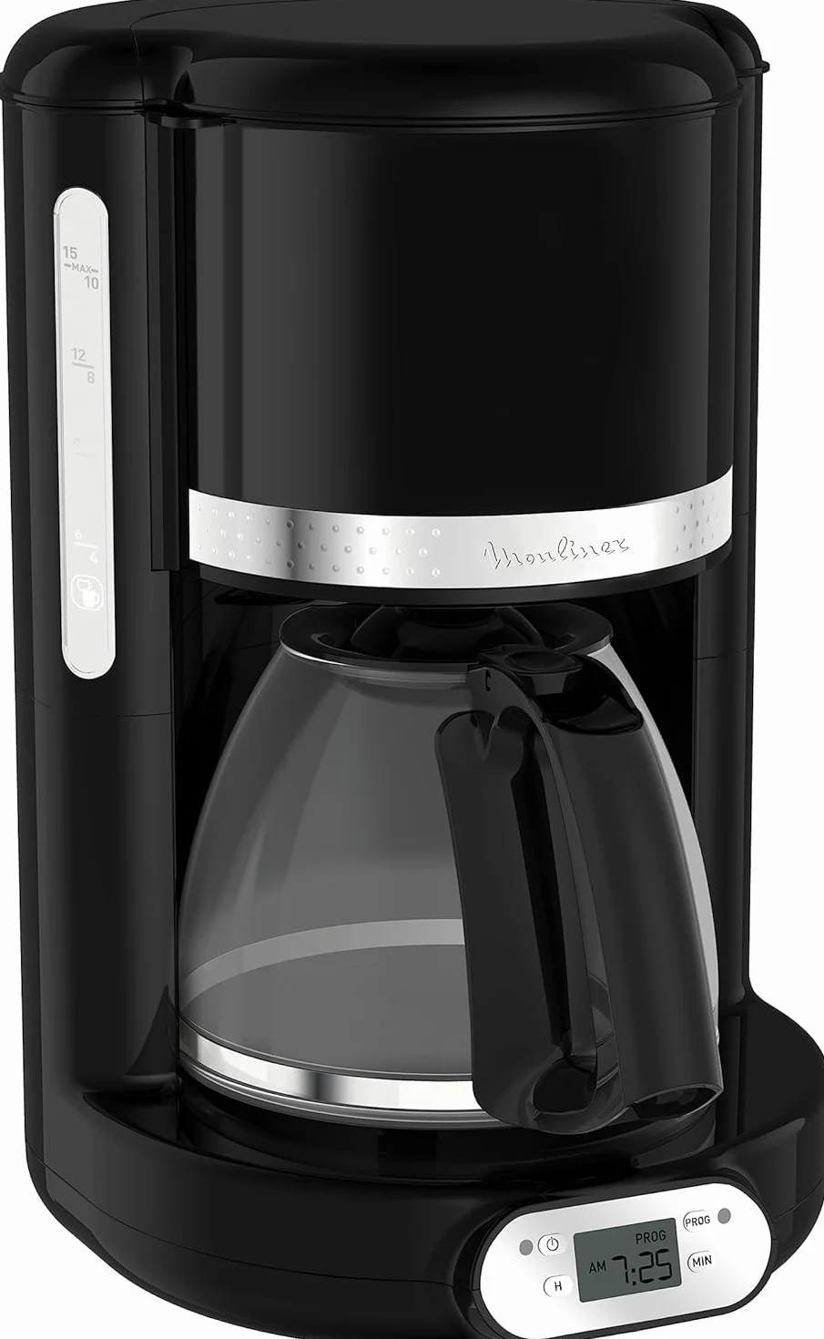 Moulinex Soleil – Cafetera filtro, capacidad de 1,25 L, hasta 15 tazas, control nivel del agua, temporizador programable, función mantener caliente, jarra cristal, color negro, FG380B