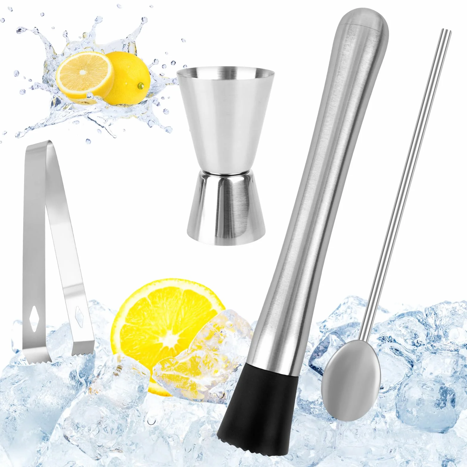 Coctel Pestle de Acero Inoxidable con Cuchara de cóctel, Kit de barreno, Mojito Masher Ice Crusher Masher Cocktail Muddler Shaker with Measuring Cup Bar Accessories for Kitchen, Bar