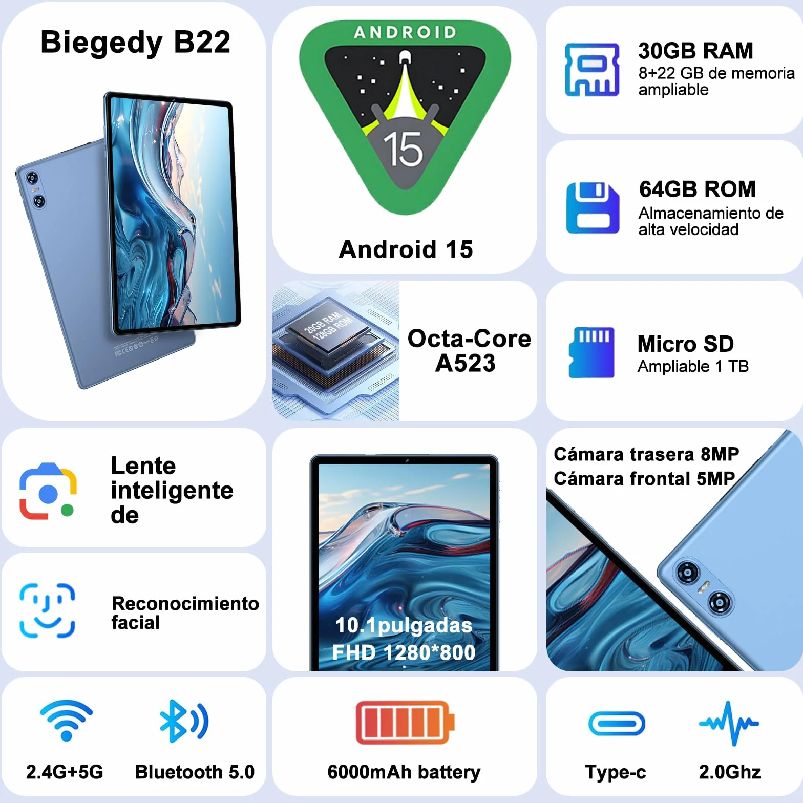 2026 Tablet 10 Pulgadas Android 15, Gemini AI, Octa-Core, 5G WiFi 6, 30GB RAM (2TB TF), Widevine L1, GMS, GPS, BT 5.0, 6000mAh, 5+8MP, 3.5mm Audio, FHD Tablet con Teclado+ Ratón + Funda, Azul