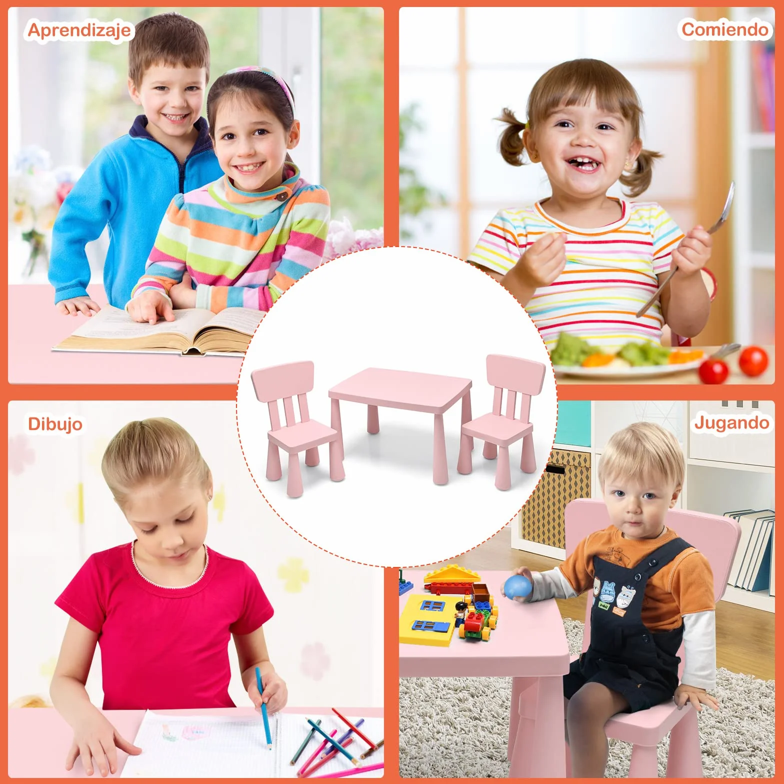 COSTWAY Juego de Mesa y 2 Sillas de Plástico para Niños Rosa