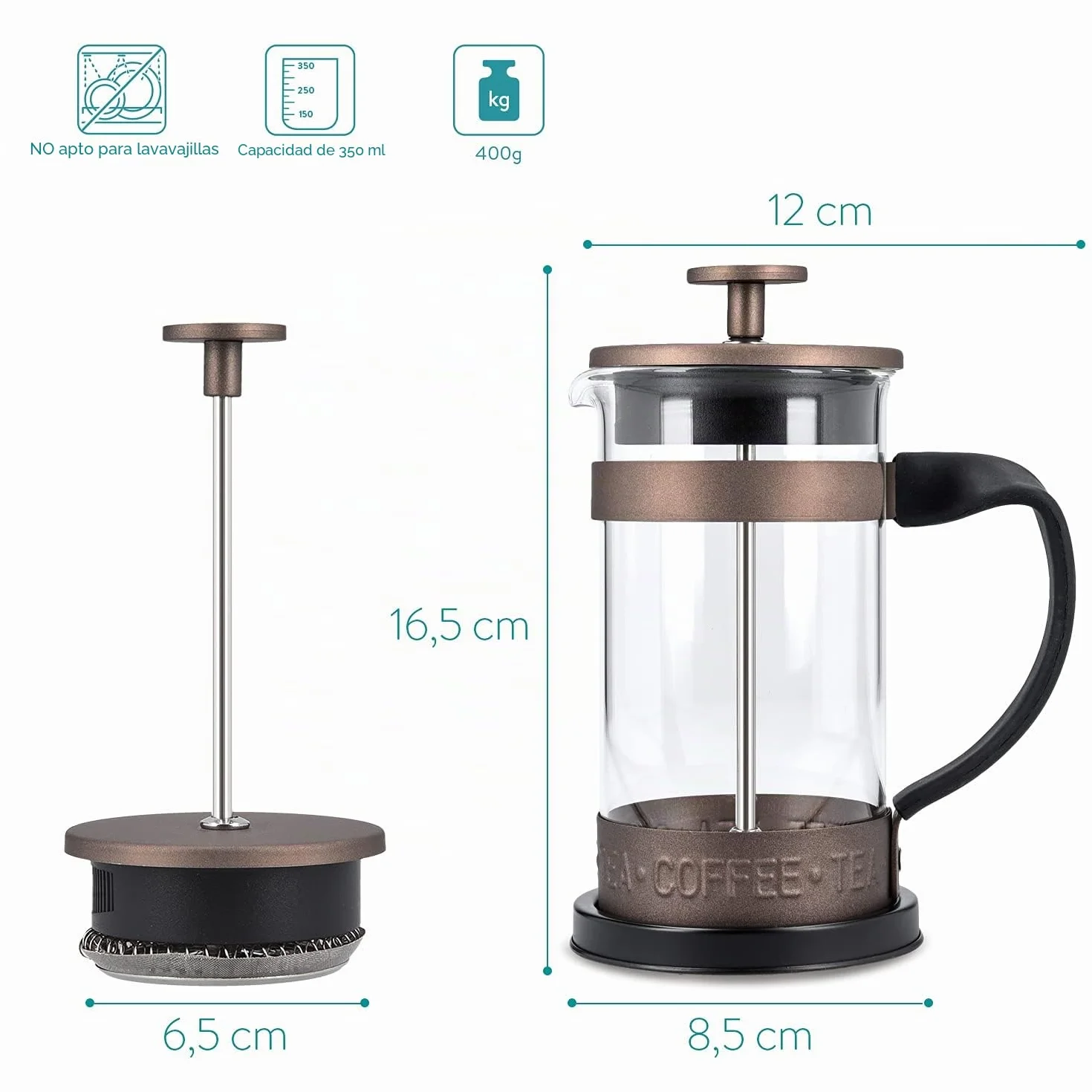 Cafetera Francesa de Acero Inoxidable 350ML Navaris - Cafetera de émbolo 3 Tazas con Jarra de Vidrio