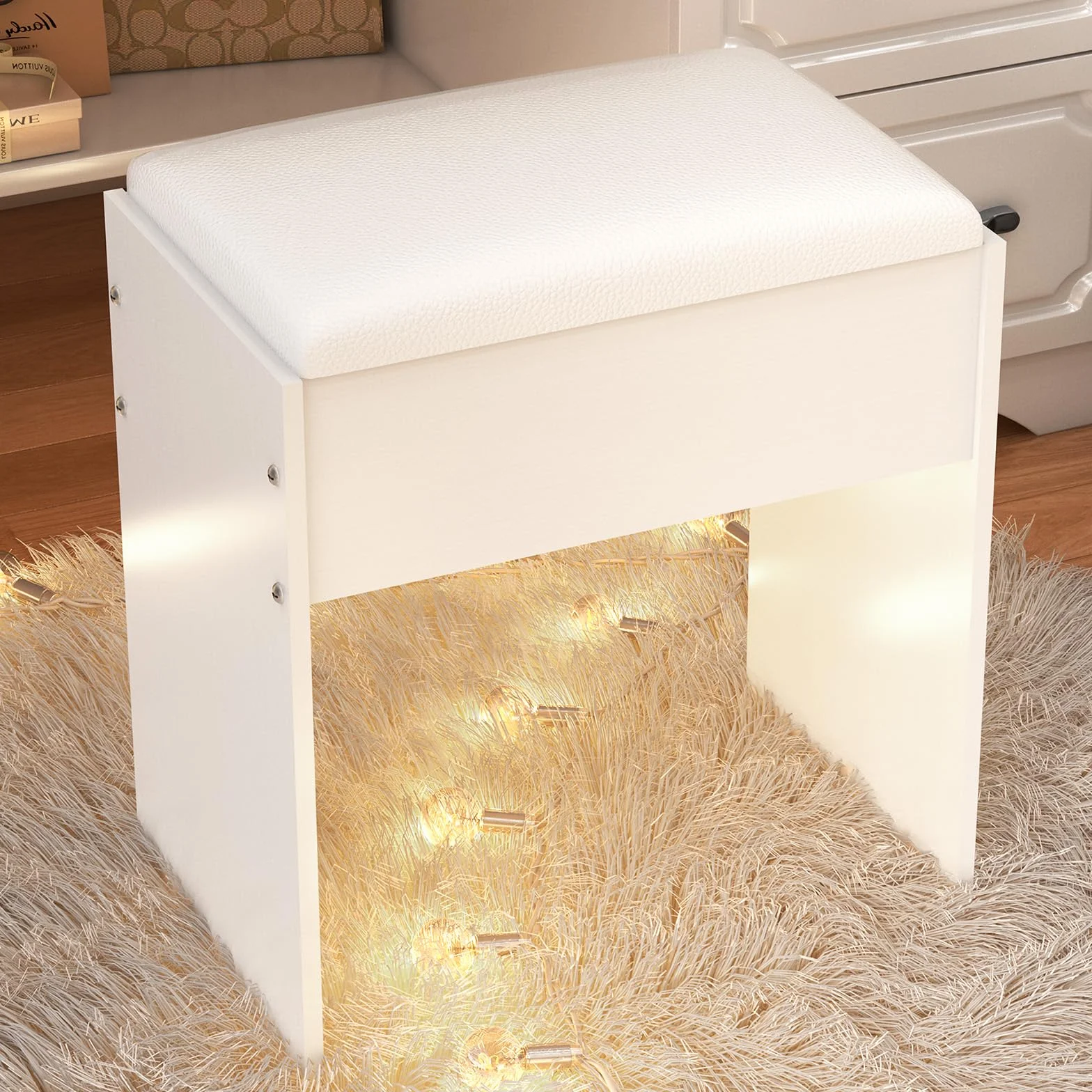 Taburete de tocador blanco madera maciza 43x40x24 cm tapizado