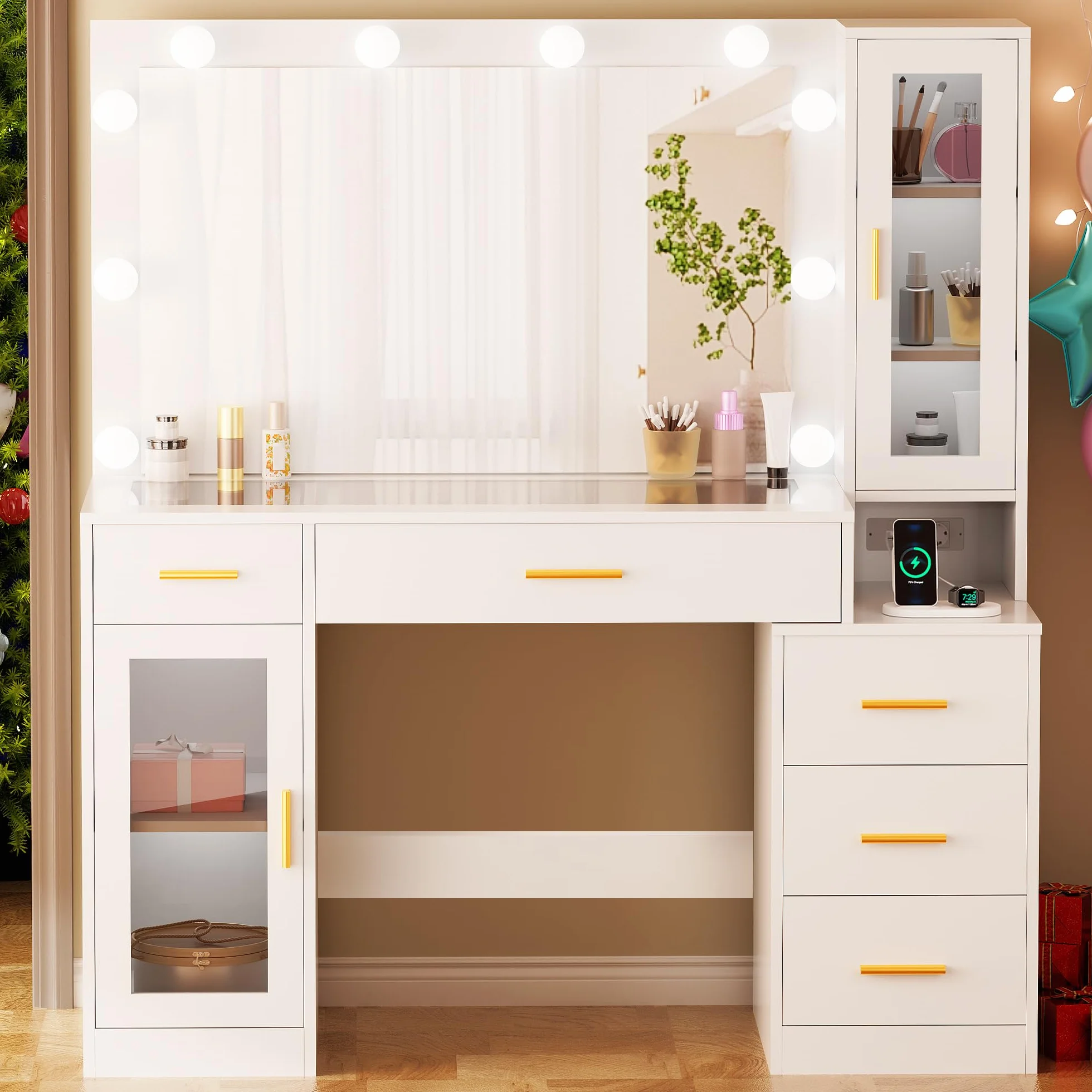 BEWISHOME Tocador con Espejo y Luces LED, Brillo Ajustable, 5 Cajones, Blanco EFST34W