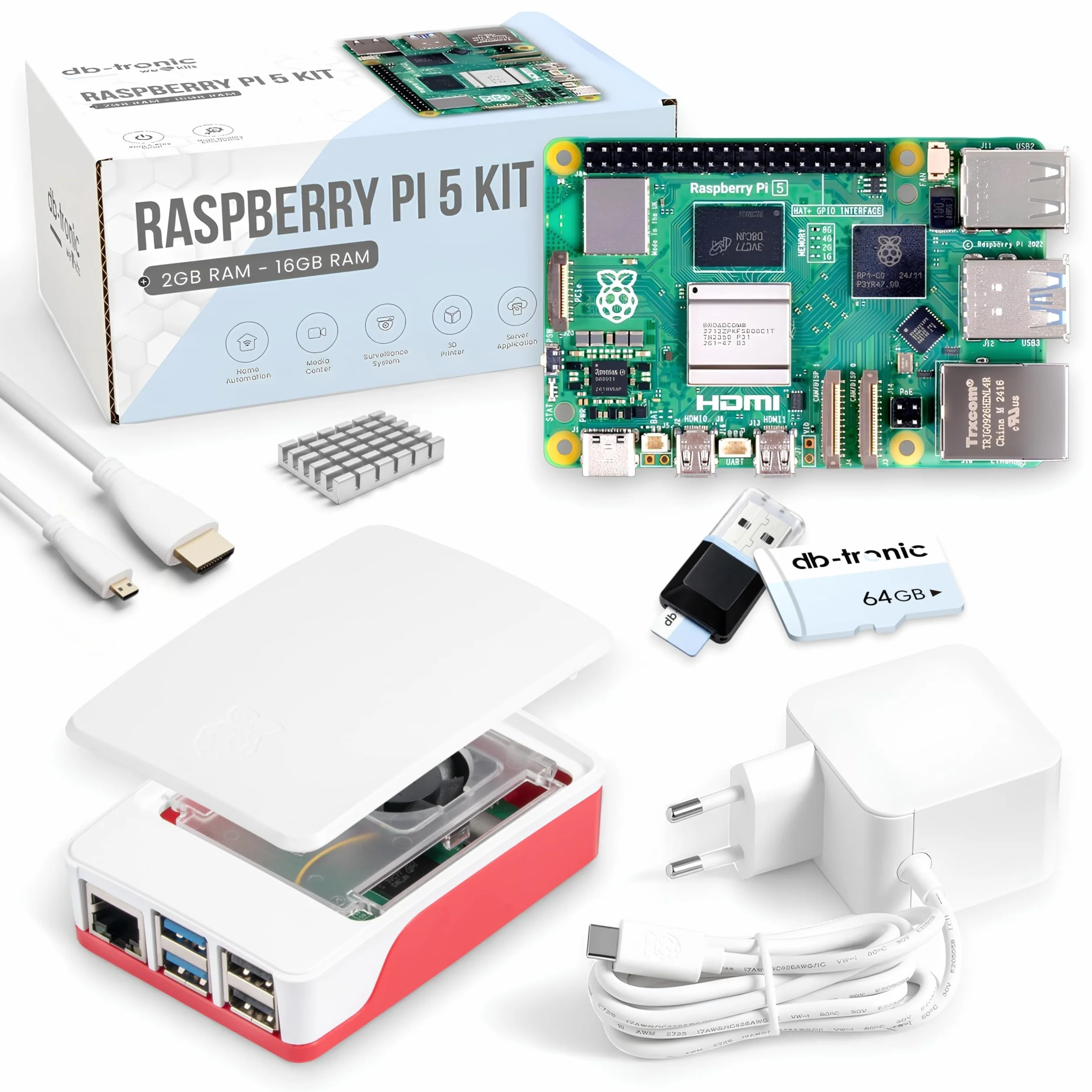 db-tronic Raspberry Pi 5 1 GB Starter Kit | Edición 64 GB | Alimentación 27 W | Carcasa con Ventilador | Micro HDMI 4K | Disipador | Ideal para Home Assistant y el Smart Home