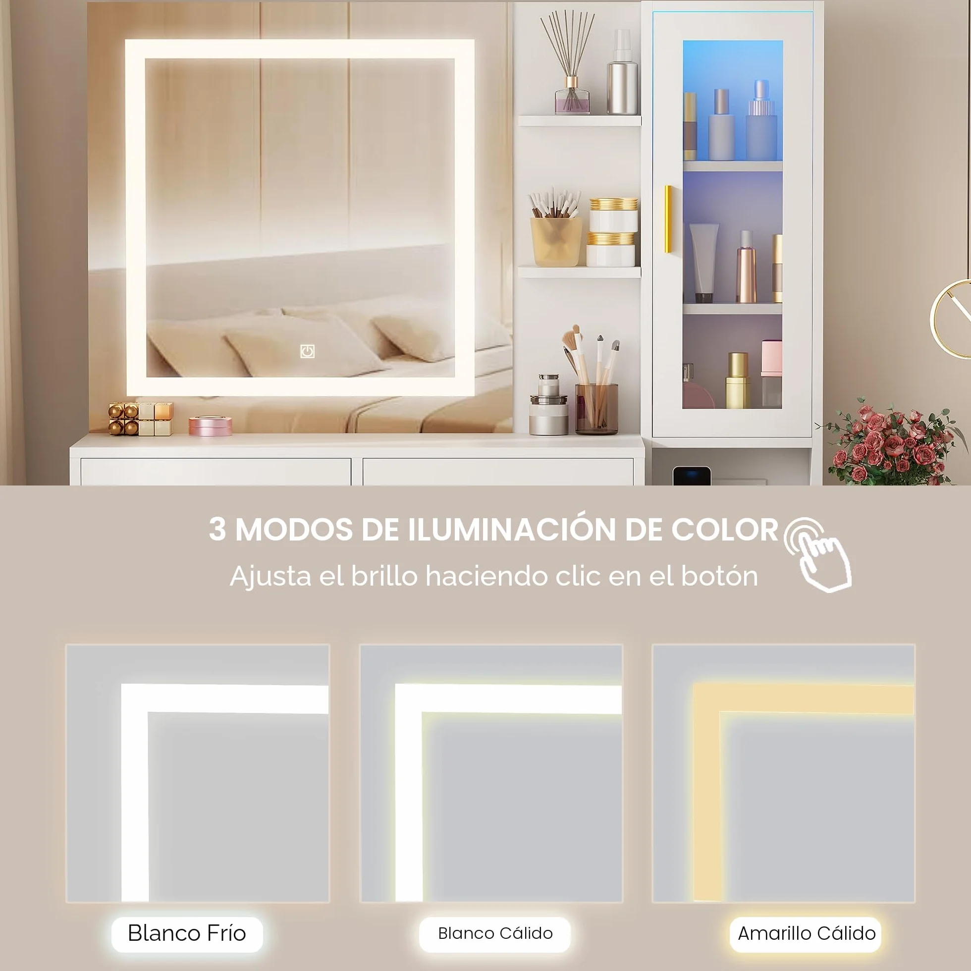 ANWBROAD Grande Tocador de Maquillaje con Luz LED y Enchufes 3 Colores Brillo Ajustable Mesa de Maquillaje con 8 Cajones Blanco BDT77W