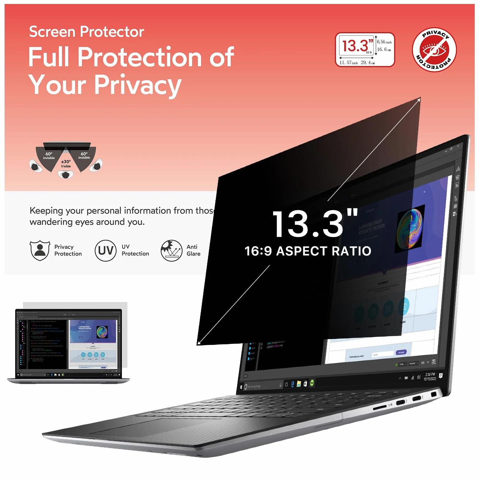 BERSEM Filtro de privacidad para ordenadores portátiles con pantalla de 13,3" (16 : 9) Protector de Extraíble Filtro Antideslumbrante de Luz Azul, Anti-Espía, Anti-Arañazos, Anti UV