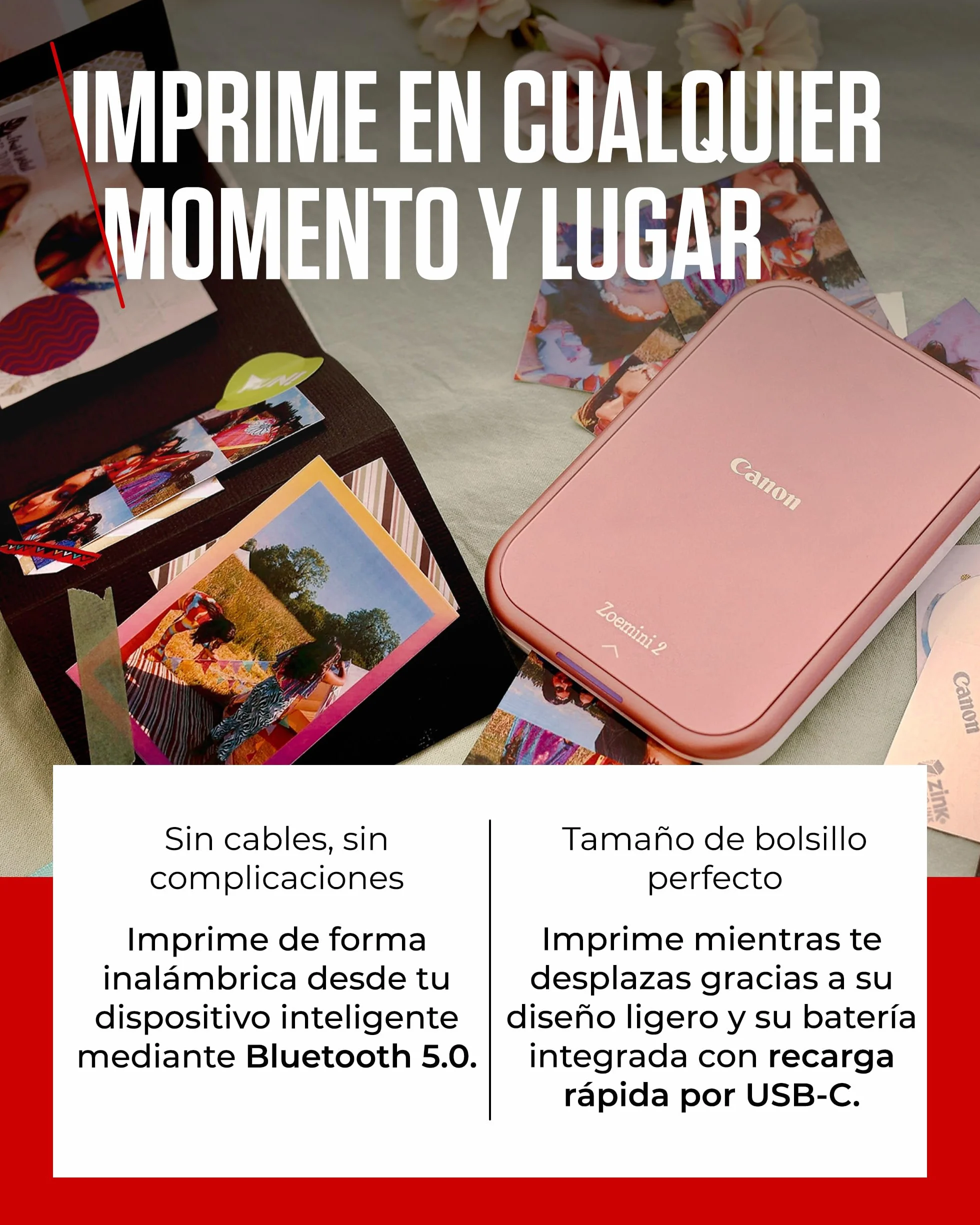 Canon Kit Zoemini 2 Impresora fotográfica + Papel fotográfico Zink 20 Piezas + Papel ZP-2030 (20 Hojas) + 10 Adhesivos Circulares (para Smartphone, USB C, Bluetooth, impresión móvil) Oro Rosa