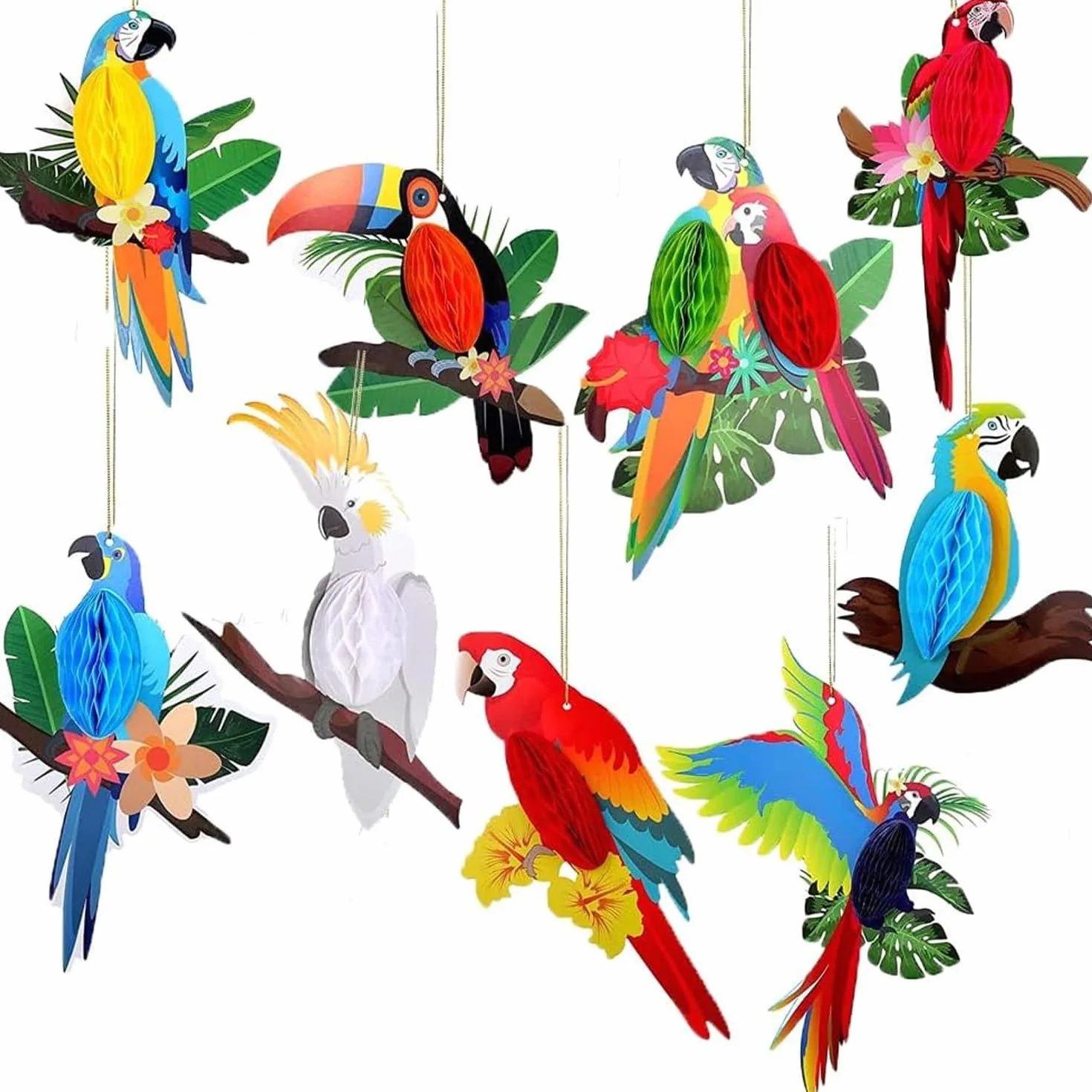 WUBAYI Paquete de 9 recortes de panal de abeja tropical 3D, accesorios colgantes de fiesta hawaiana para decoración de playa Luau, aula de safari y temática de selva