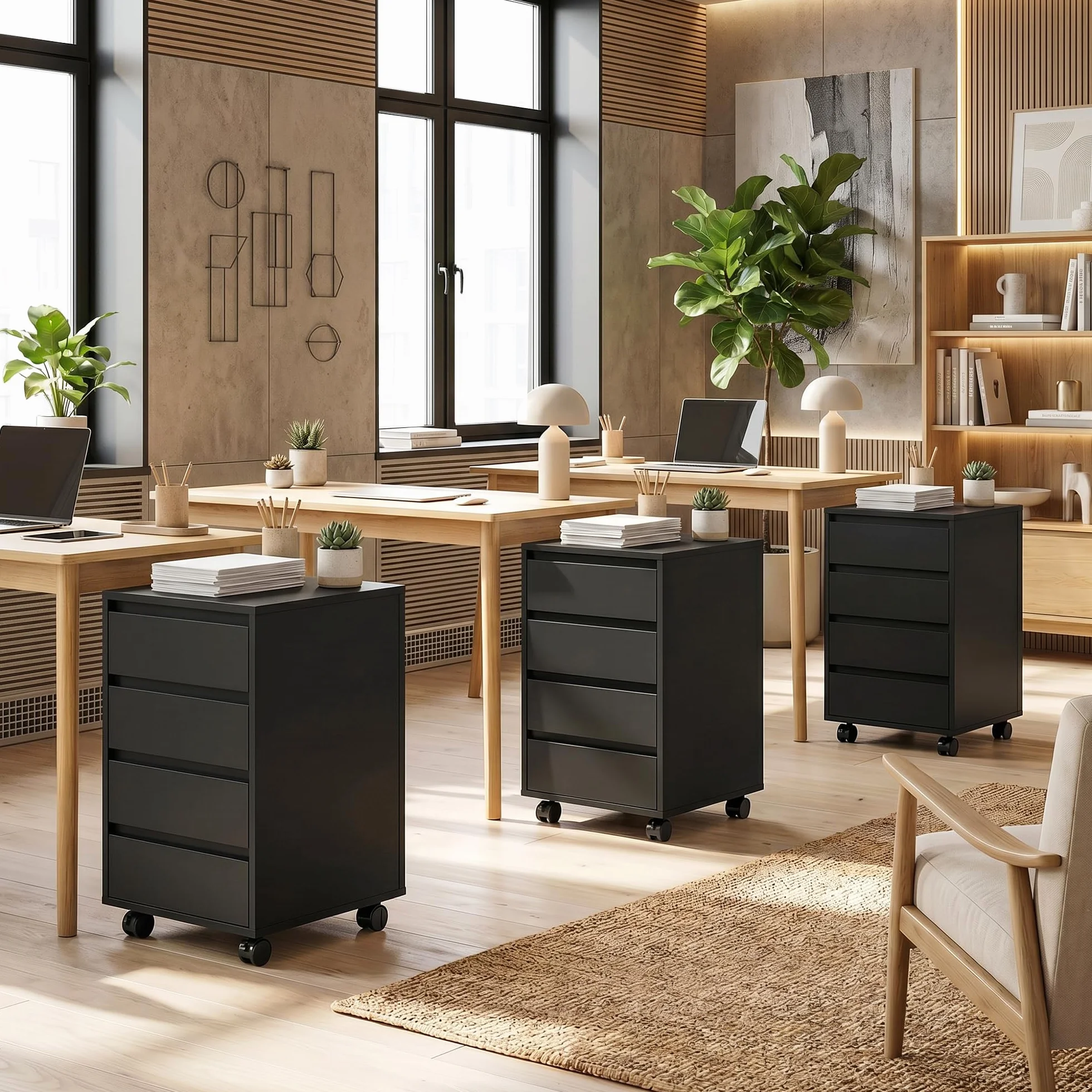 HOMCOM Cajonera de escritorio con ruedas 4 cajones deslizantes de madera negro