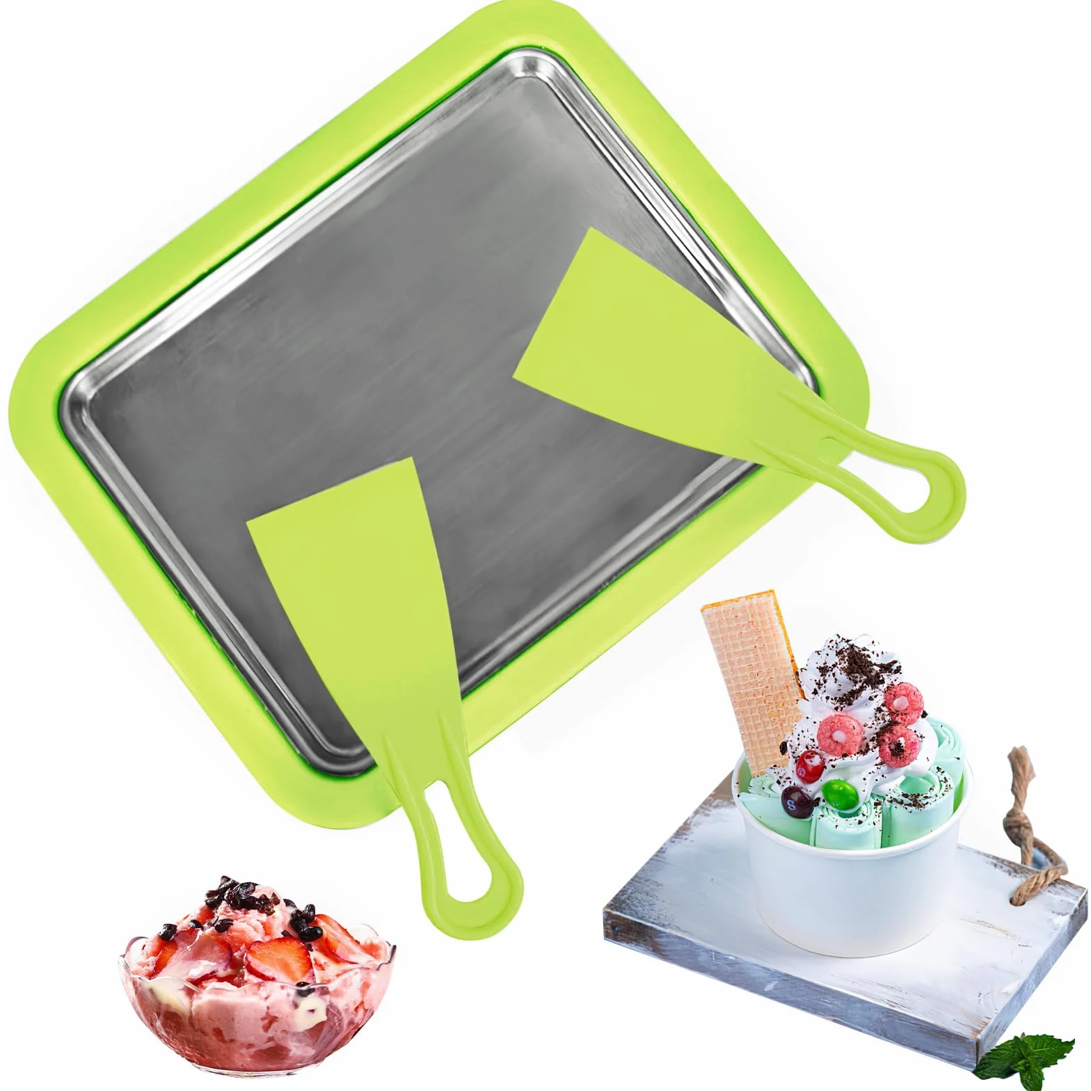 ACTOYS Fabricantes de Helados, Heladera Instantánea con 2 Espátulas, Ice Cream Rolls Maker Machine, Maquina Helado Frito para Sorbete, Yogurt Congelado, Gelato (Verde)
