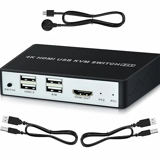 Conmutador KVM HDMI USB 2 puertos 4K, conmutador KVM SZJUNXIAO 2 entradas y 1 salida compatible con conmutador KVM UHD 4K@60Hz 2 PC 1 monitor con 2 cables USB, controlador de conmutación de escritorio
