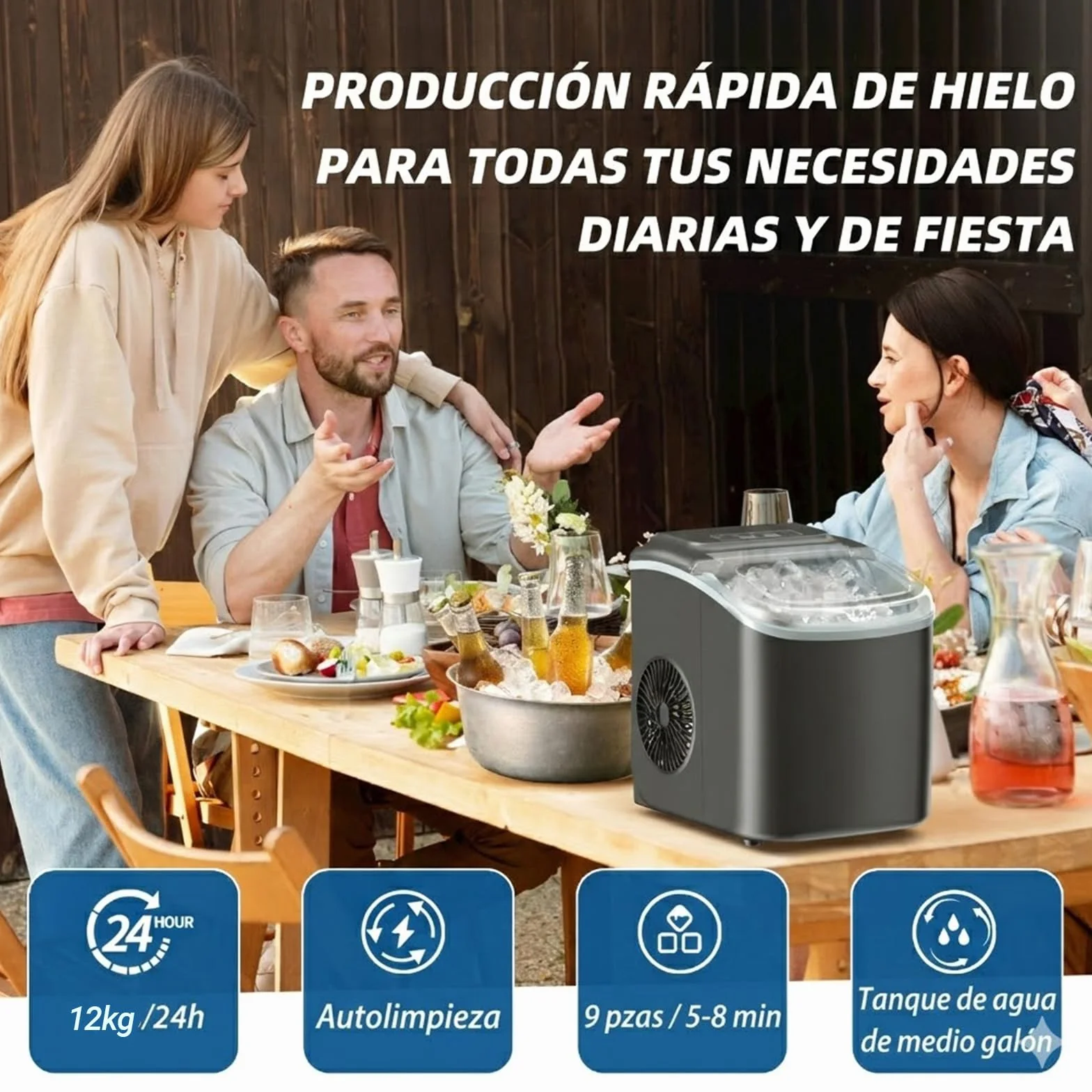 Máquina de hielo de sobremesa 12 kg/24h, 9 bolas en 6 min, portátil autolimpieza