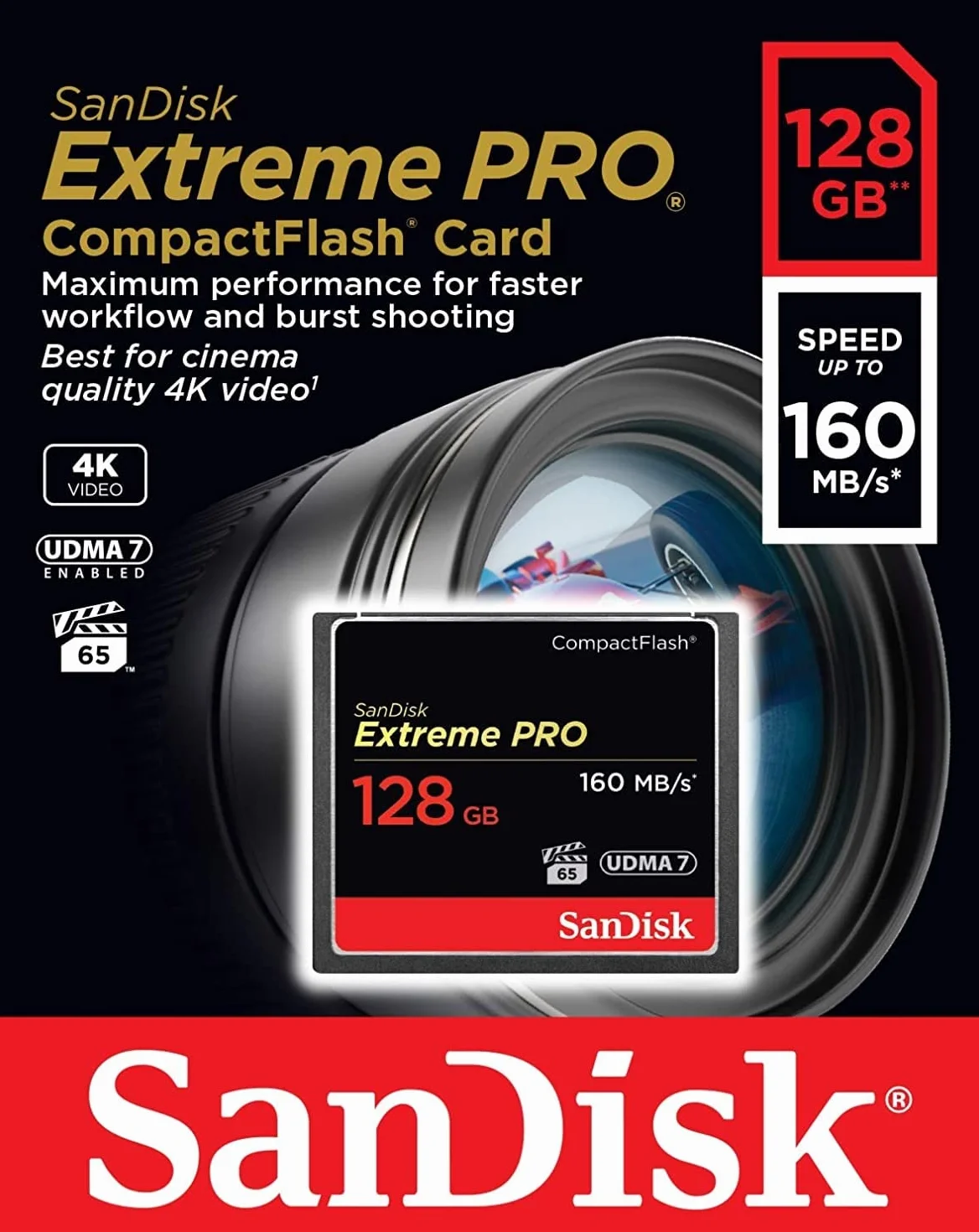 SanDisk Extreme Pro 128 GB 160 MB/s CompactFlash Memory Card - Black/Gold/Red, SDCFXPS-128G-X46