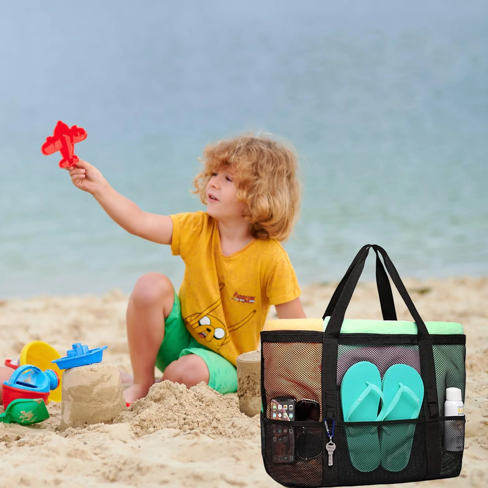 Bolsa de playa de malla grande reutilizable con cremallera, bolsa de cosméticos plegable (negro)