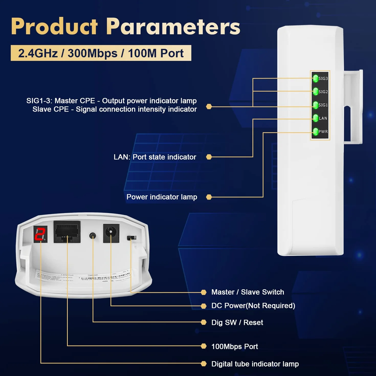 WiFi Bridge Puente inalámbrico para Exterior, Puente inalámbrico inalámbrico inalámbrico con conexión Ethernet de 2,4 GHz 500 m a 1 km de Distancia, 100 Mbps Adaptador PoE de 24 V