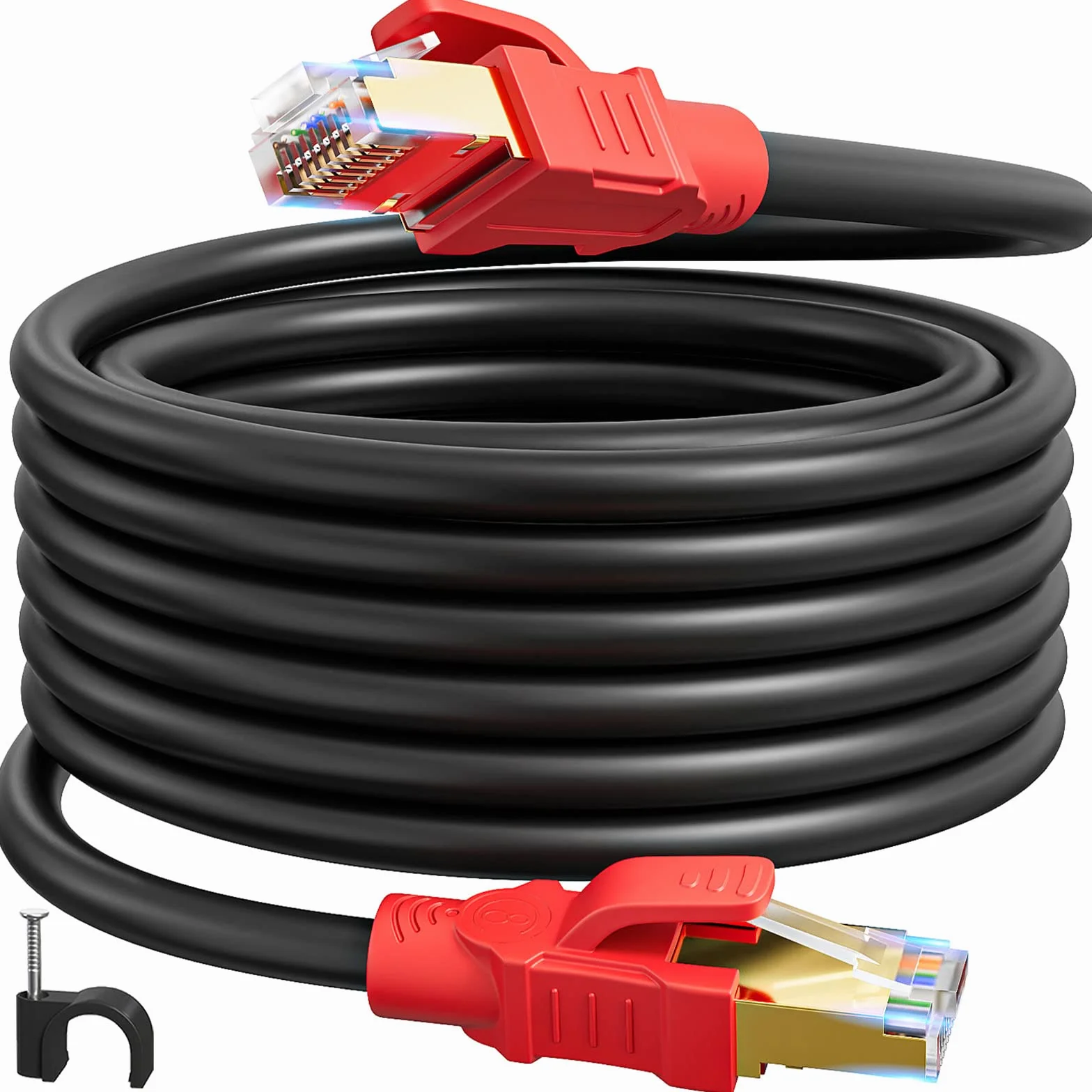 Soibke Cable Ethernet 15 Metros, Cat 8 Cable LAN SFTP Blindado Exterior Interior Cable de Red 15m Alta Velocidad 40Gbps 2000Mhz RJ45 Negro Gigabit 26AWG POE Cable Internet Anti-jamming (15 Clips)