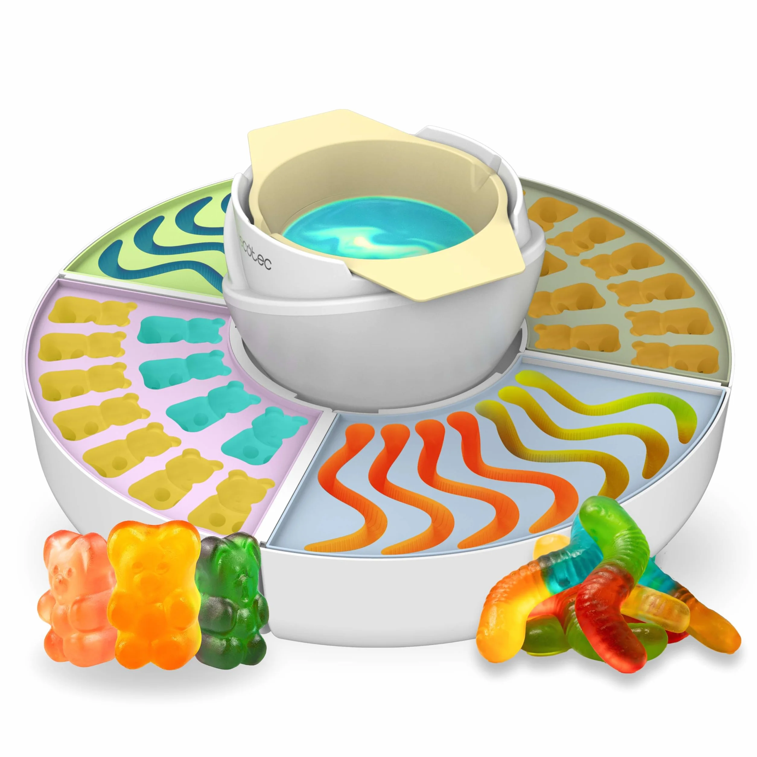 Cecotec Máquina de Hacer Golosinas Fondue de Chocolate Gummy Maker Fun&Sugar Gummy. 2 en 1, 40 W, 4 Moldes de Silicona, 4 Bandejas Desmontables, Diseño Compacto, Fácil de Limpiar