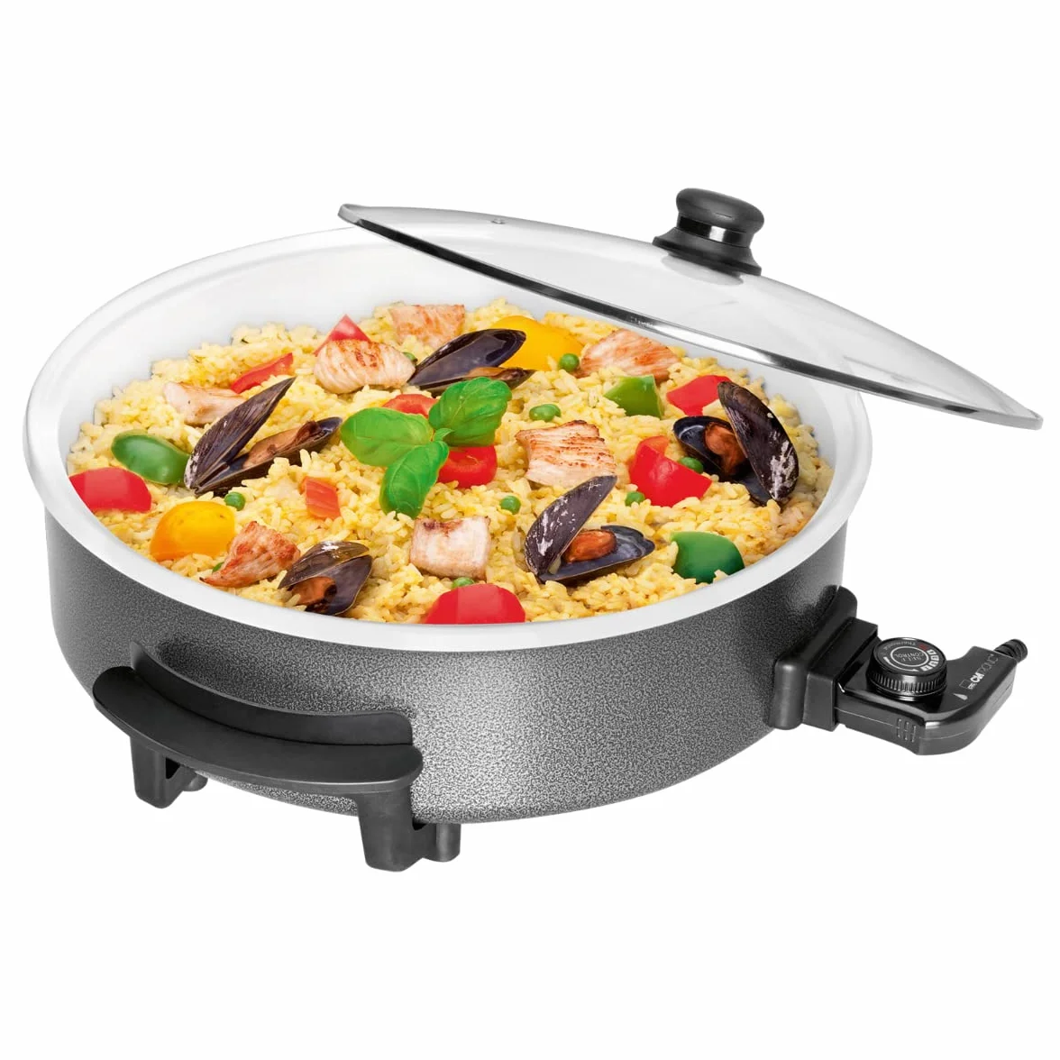 Clatronic PP 3570 C - Sartén eléctrica cerámica con tapa de cristal, diámetro 42 cm, 1500 W, color negro