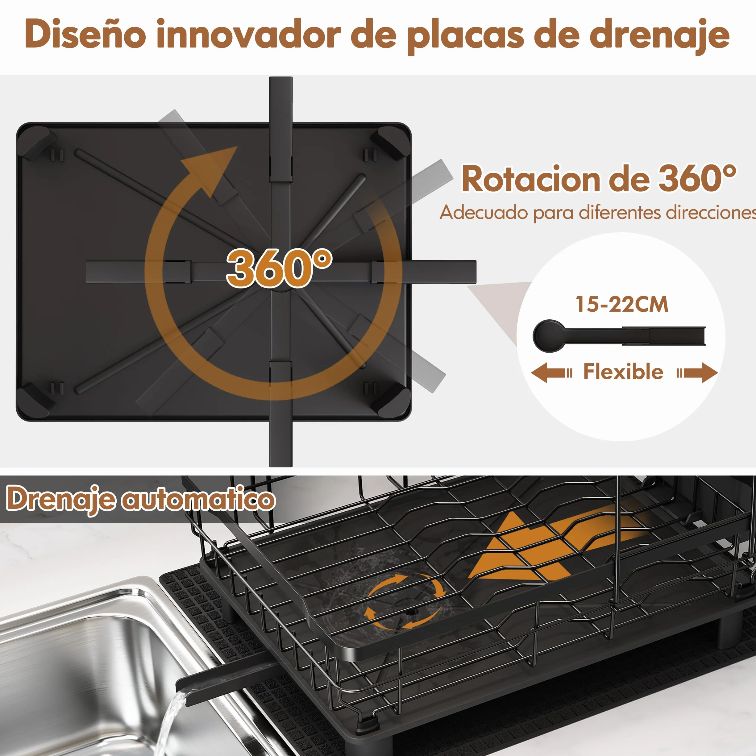 MAJALiS Escurreplatos Acero Inoxidable con Drenaje, 2 Niveles, Negro