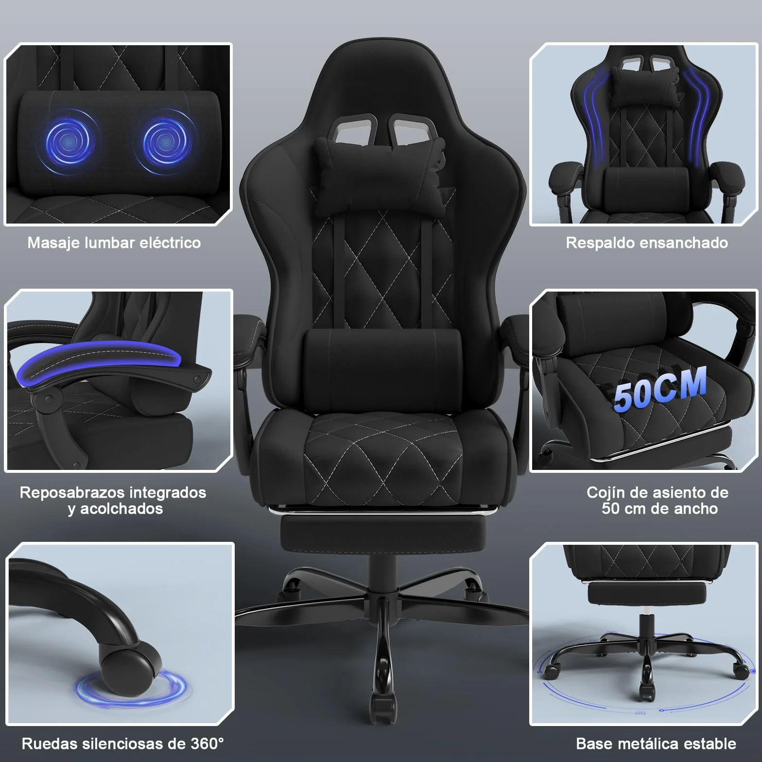 Devoko Silla Gaming Ergonómica de Tela Transpirable con Masaje Lumbar y Reposapiés Retráctil, Reclinable, 150 kg, Negro