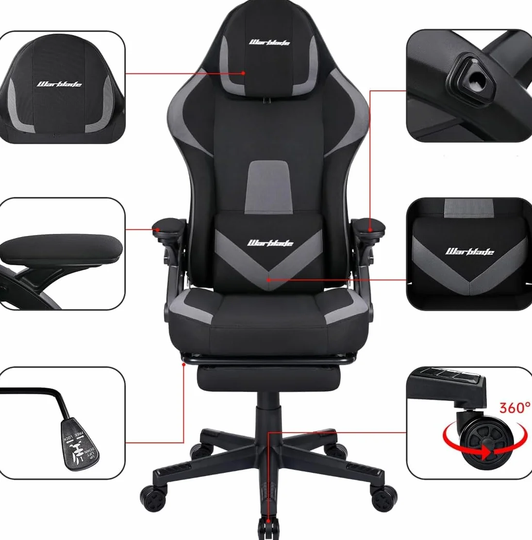 Silla Gamer Ergonómica de Tela Transpirable y Antimanchas, Reposabrazos Abatibles, con Reposapiés, Altura Regulable, Respaldo Abatible (Negro/Gris)