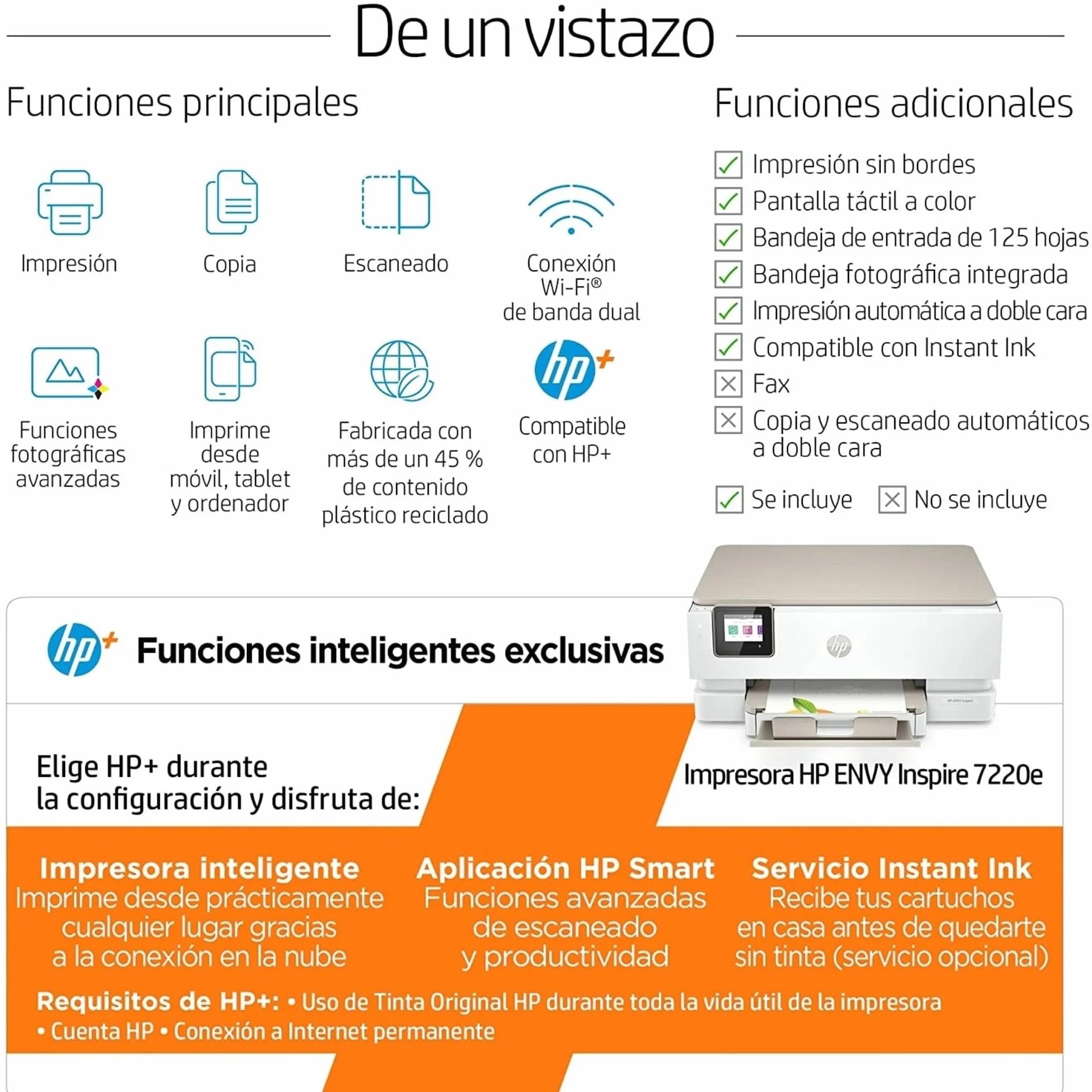 HP Envy Inspire 7220e 242P6B, Impresora multifunción de inyección de Tinta A4 a Color, Wi-Fi, impresión a Doble Cara automática, hasta 22 ppm, 6 Meses de impresión Instant Ink, Blanca