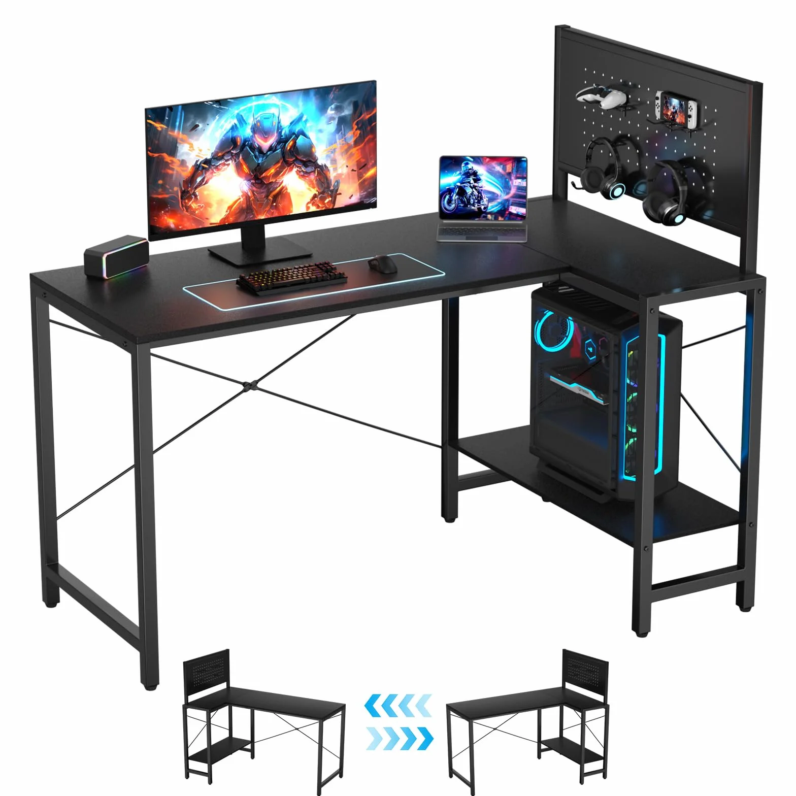 Escritorio Esquinero en L de 125x70 cm con Cajón y Panel de Mural, Mesa Escritorio Altura Ergonómica 75 cm, Mesa Home Office Teletrabajo Estudio, Negro