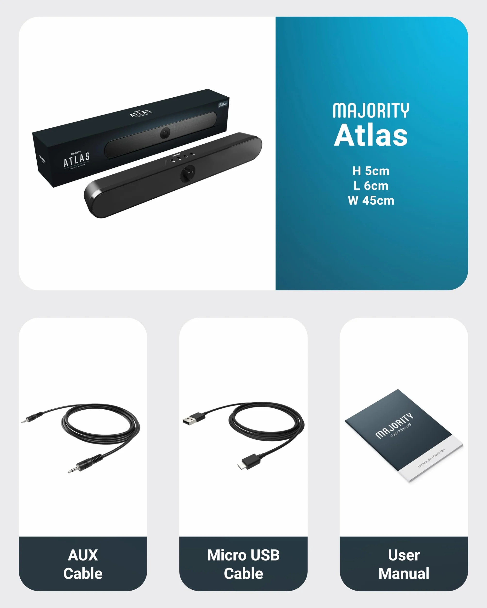 Barra de Sonido para Juegos Atlas para PC Monitorear Altavoz Bluetooth | 20 vatios, reproducción USB y AUX Música, películas, Barra de Sonido portátil para TV Cajas de Ordenador, PC, TV, Monitor,