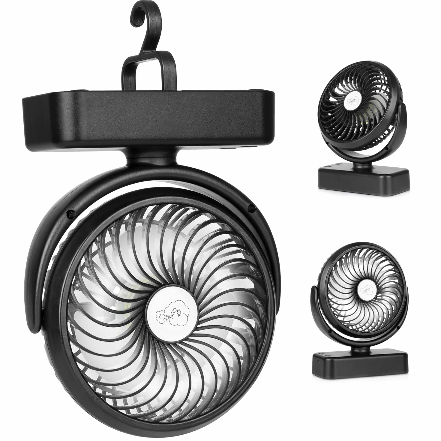 Ventilador portátil de camping con linterna LED - 40 horas de funcionamiento Ventilador recargable a pilas con gancho para colgar en tienda, coche, autocaravana, huracán, equipo de supervivencia