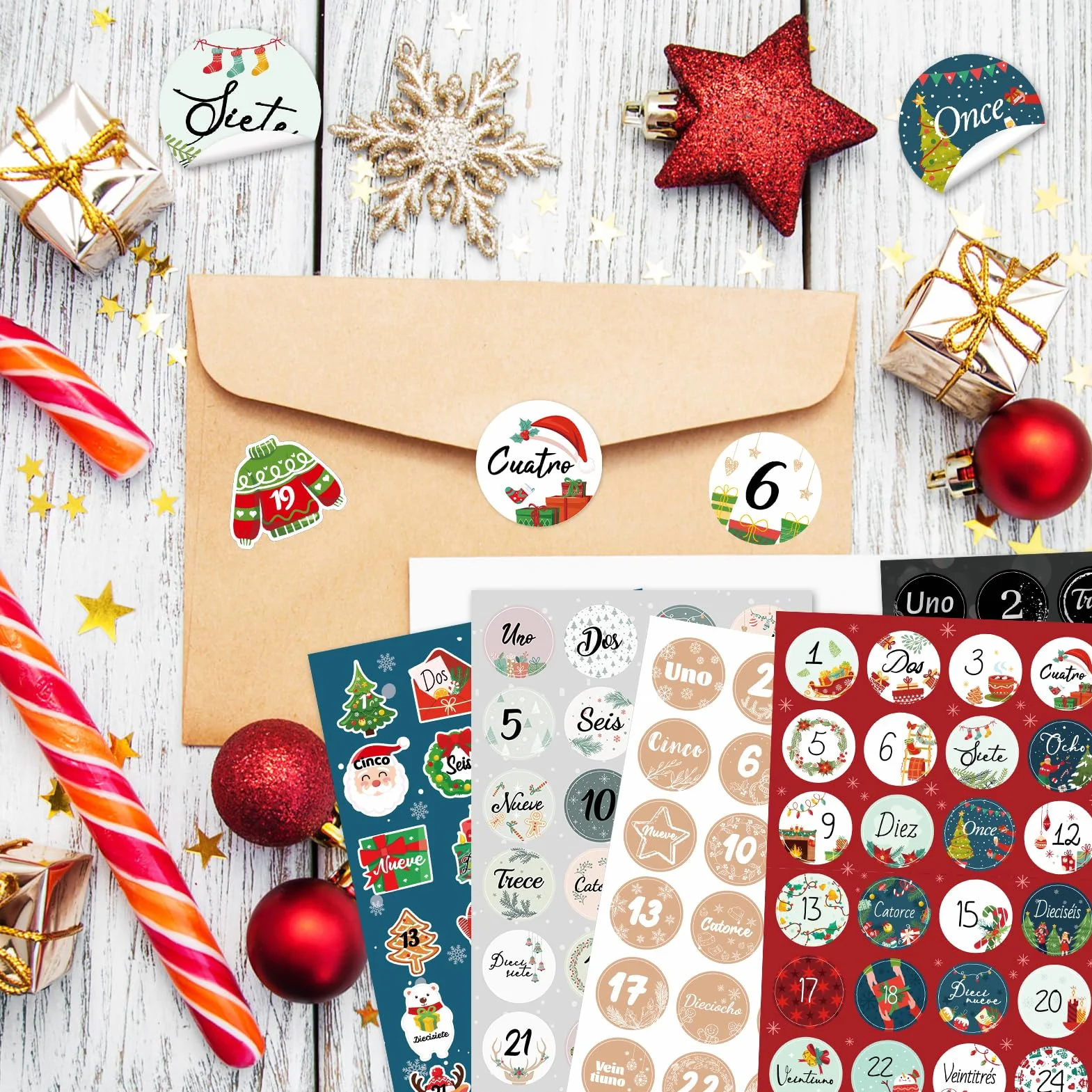 Calendario de Adviento Pegatinas 1-24 Números Autoadhesivas Navidad Decoración