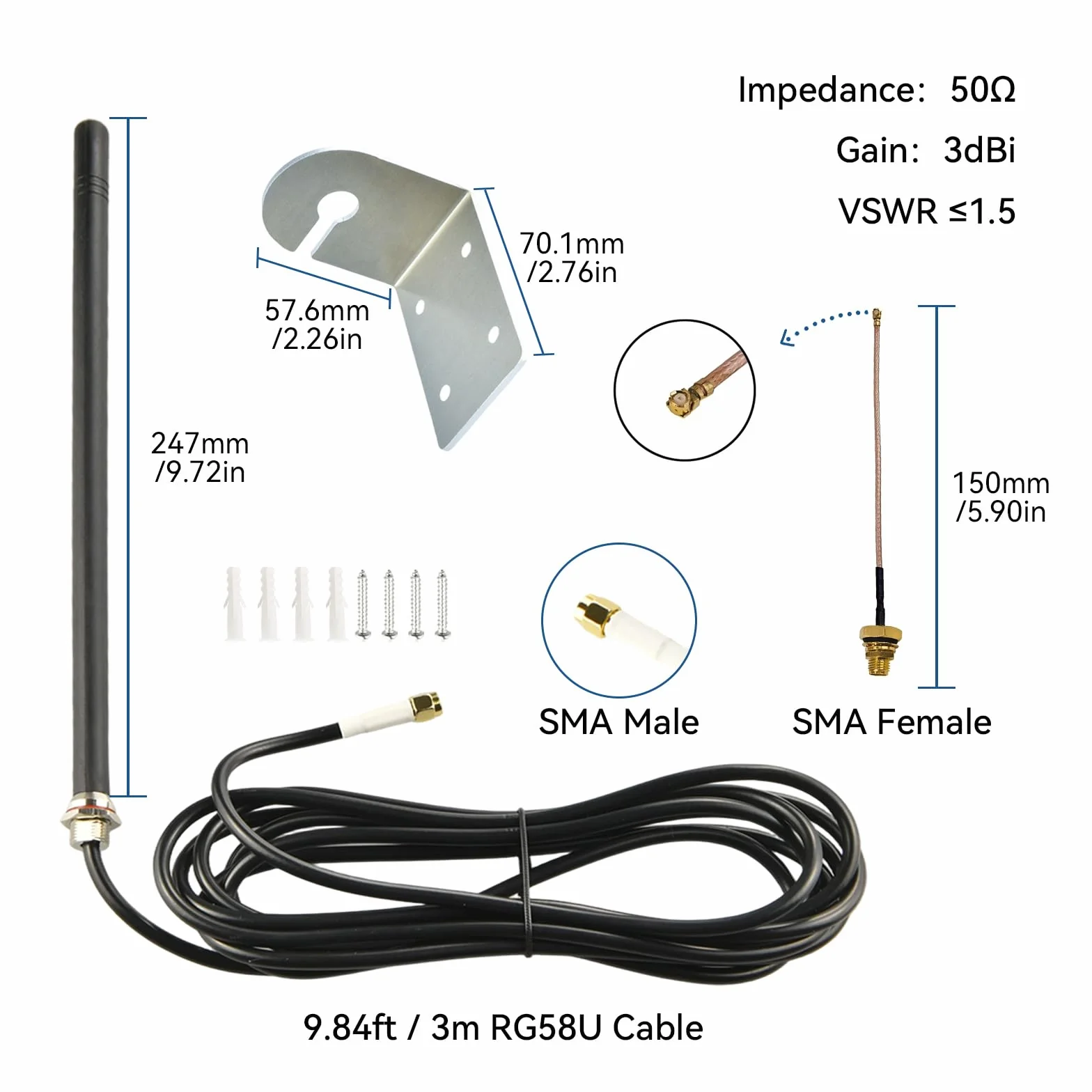 Antena Lora 868 MHz con Soporte de Pared Antena omnidireccional LoRaWAN con Cable RG58 de 3 m Compatible con Placas de Desarrollo Meshtastic ESP32 Lora V3, OLED y módulos Lora