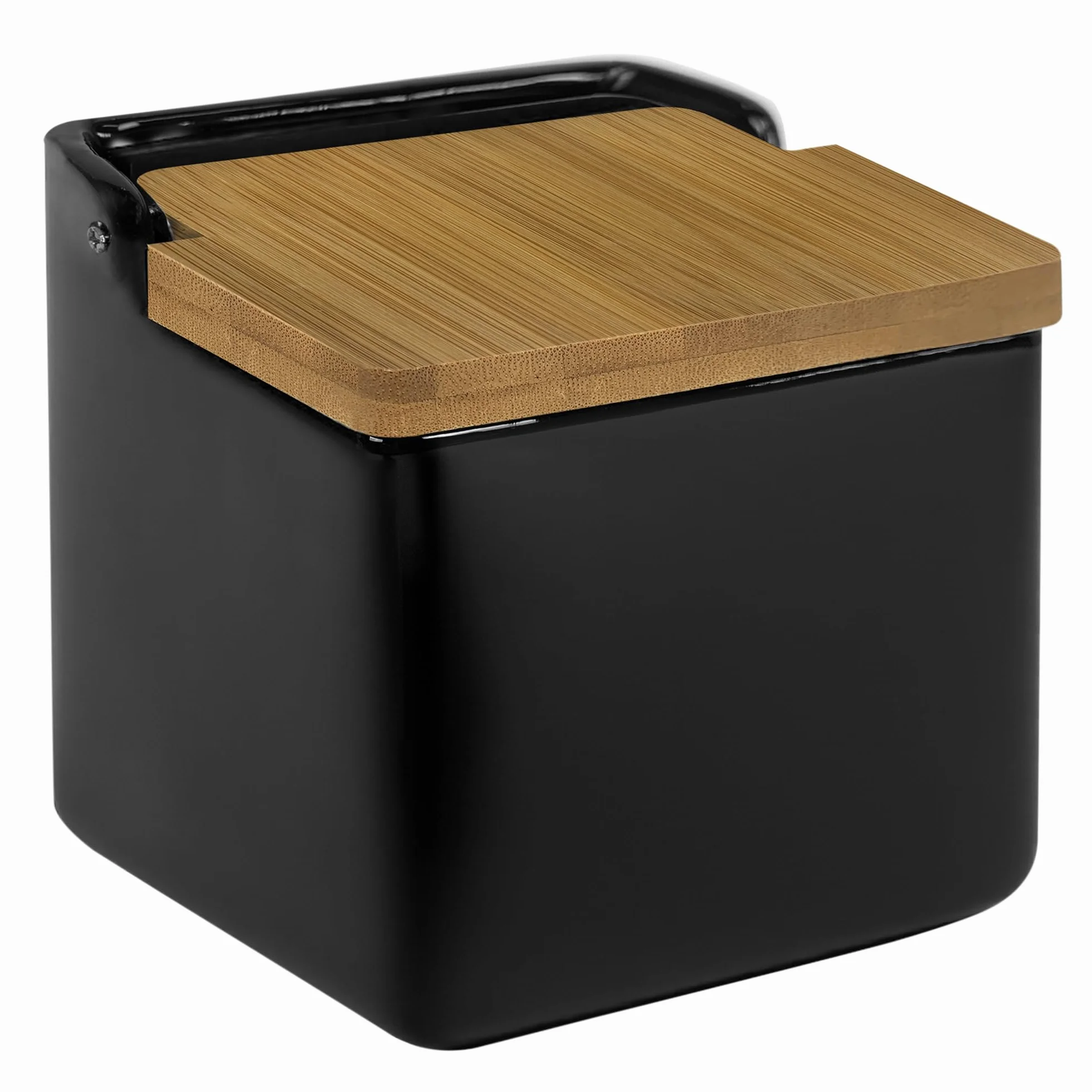 TIENDA EURASIA – Salero de Cocina de Cerámica | Tapa Abatible de Bambú | Color Negro | Medidas 12x12x11 cm | Diseño Moderno y Elegante