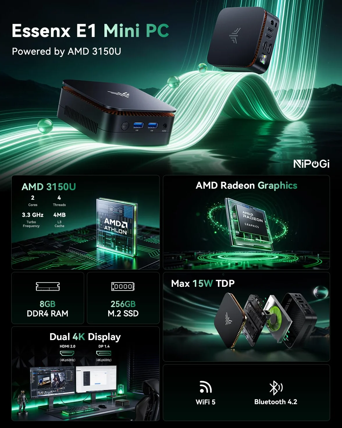 NiPoGi Essenx E1 Mini PC AMD 3150U 8GB DDR4 256GB SSD 4K@60Hz Dual HDMI DP Wi-Fi 5 BT 4.2 LAN 15W