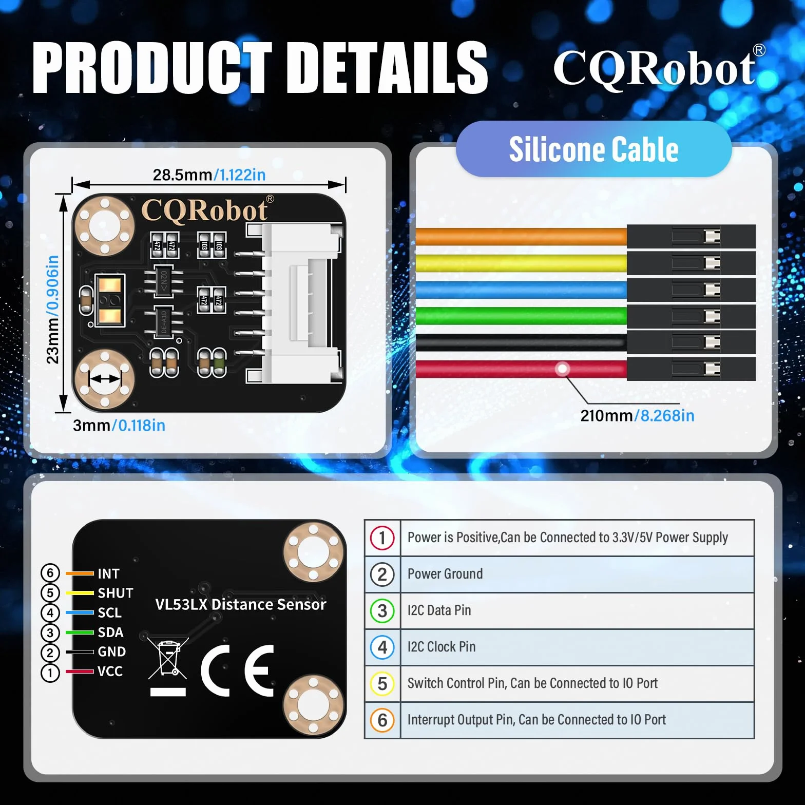 CQRobot VL53L1X Time-of-Flight (ToF) Long Distance Ranging Sensor, Compatible with Raspberry Pi/Arduino/STM32 Board, I2C Interface. for Mobile Robot, UAV, Detection Mode, Camera, Smart Home.