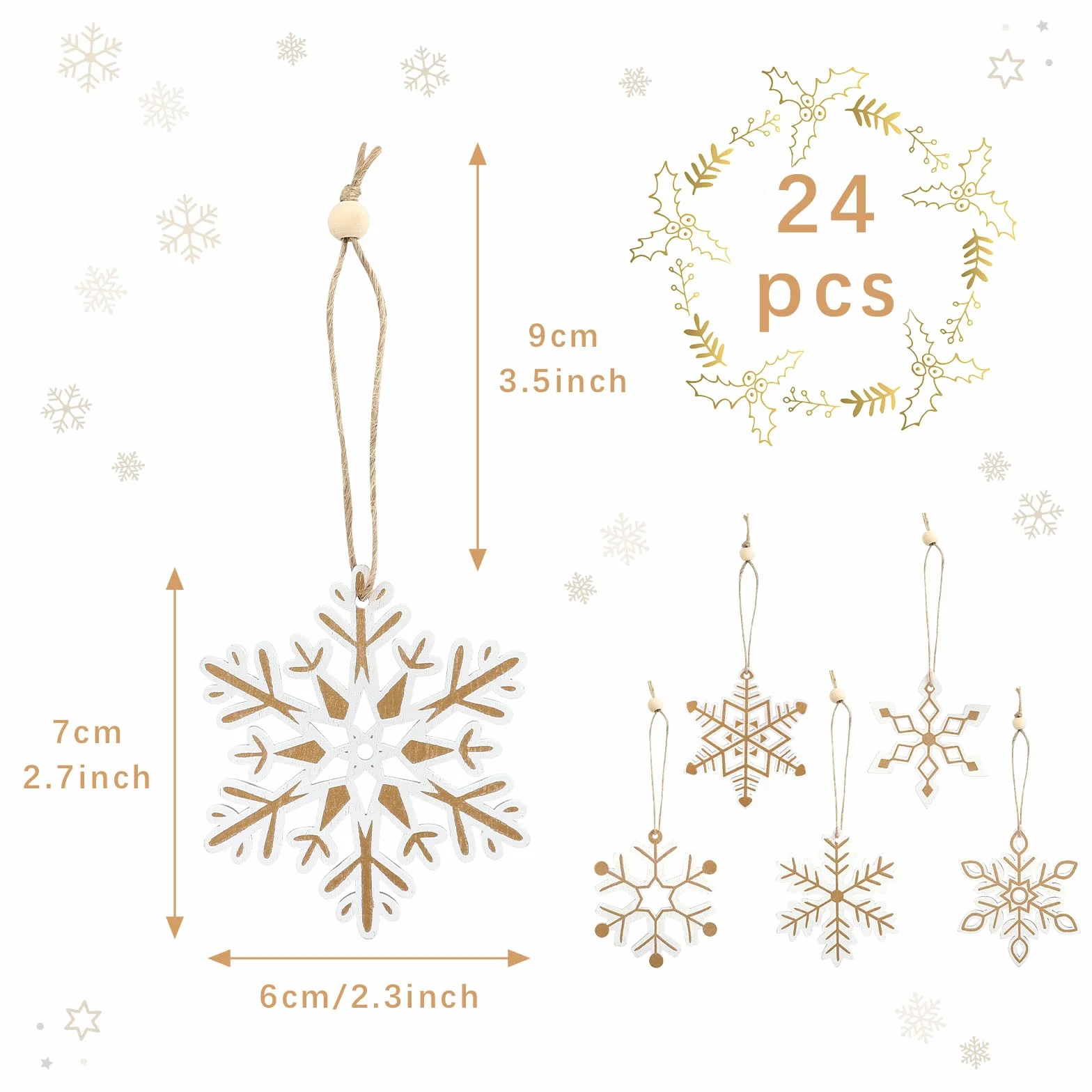 LEMESO 24 Colgantes de Madera Navidad Copo de Nieve Blanco Oro Decoraciones para Árboles