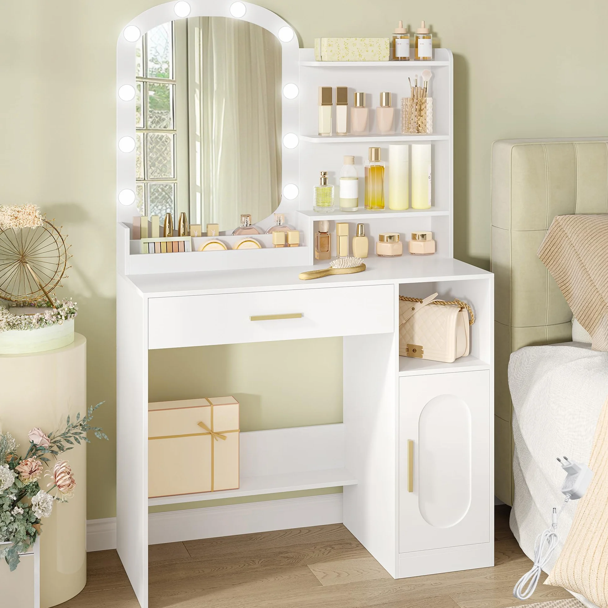 HEXCELEN Tocador con Espejo Ovalado, Mesa de Maquillaje con 10 Luces LED, Tocador de Maquillaje, Brillo Ajustable, 1 Cajón, 1 Armario, 4 Compartimentos Abiertos, Blanco