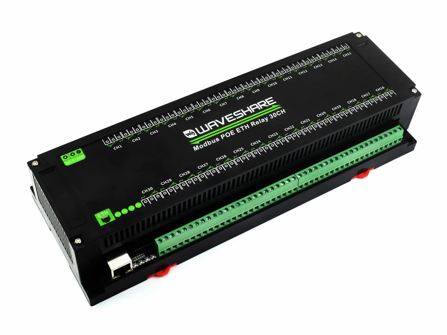 Waveshare 30-Ch Ethernet Relay Module, Modbus RTU/Modbus TCP Protocol, PoE Port Communication, With Various Isolation And Protection Circuits, Industrial Grade Rail-Mount Case
