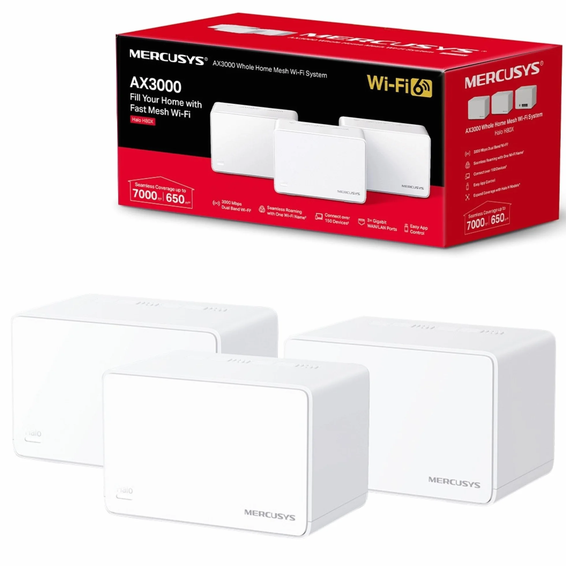 MERCUSYS Halo H80X AX3000Mbps Mesh WiFi 6 System, puertos Gigabit, sistema de malla WiFi TP-Link, enrutador WiFi, amplificador extensor WiFi, 650 m², roaming sin costuras, formación de haz, fácil