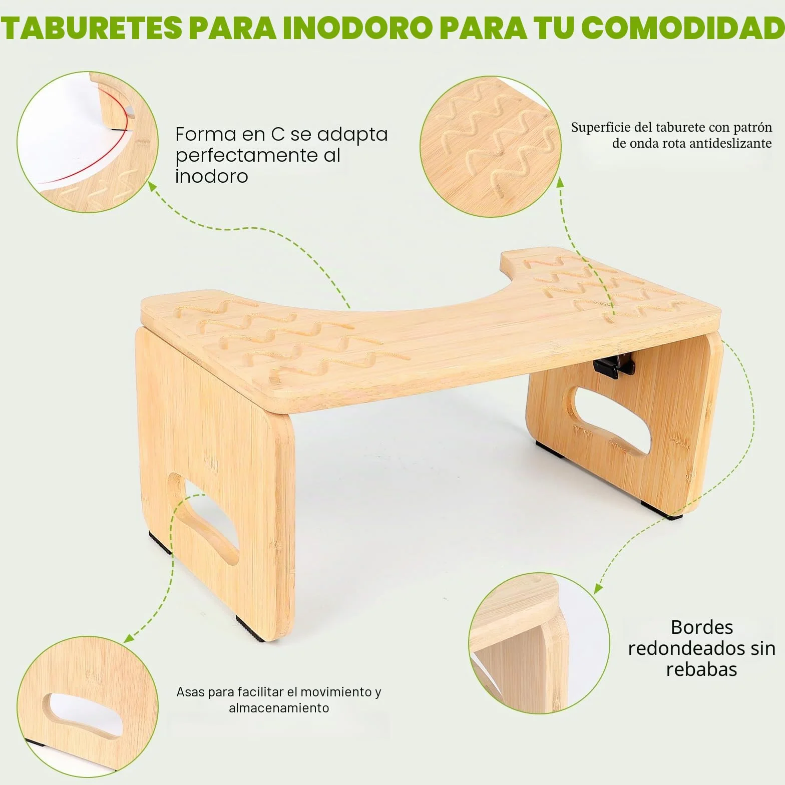 Taburete Inodoro de Bambú Plegable con Almohadillas Antideslizantes