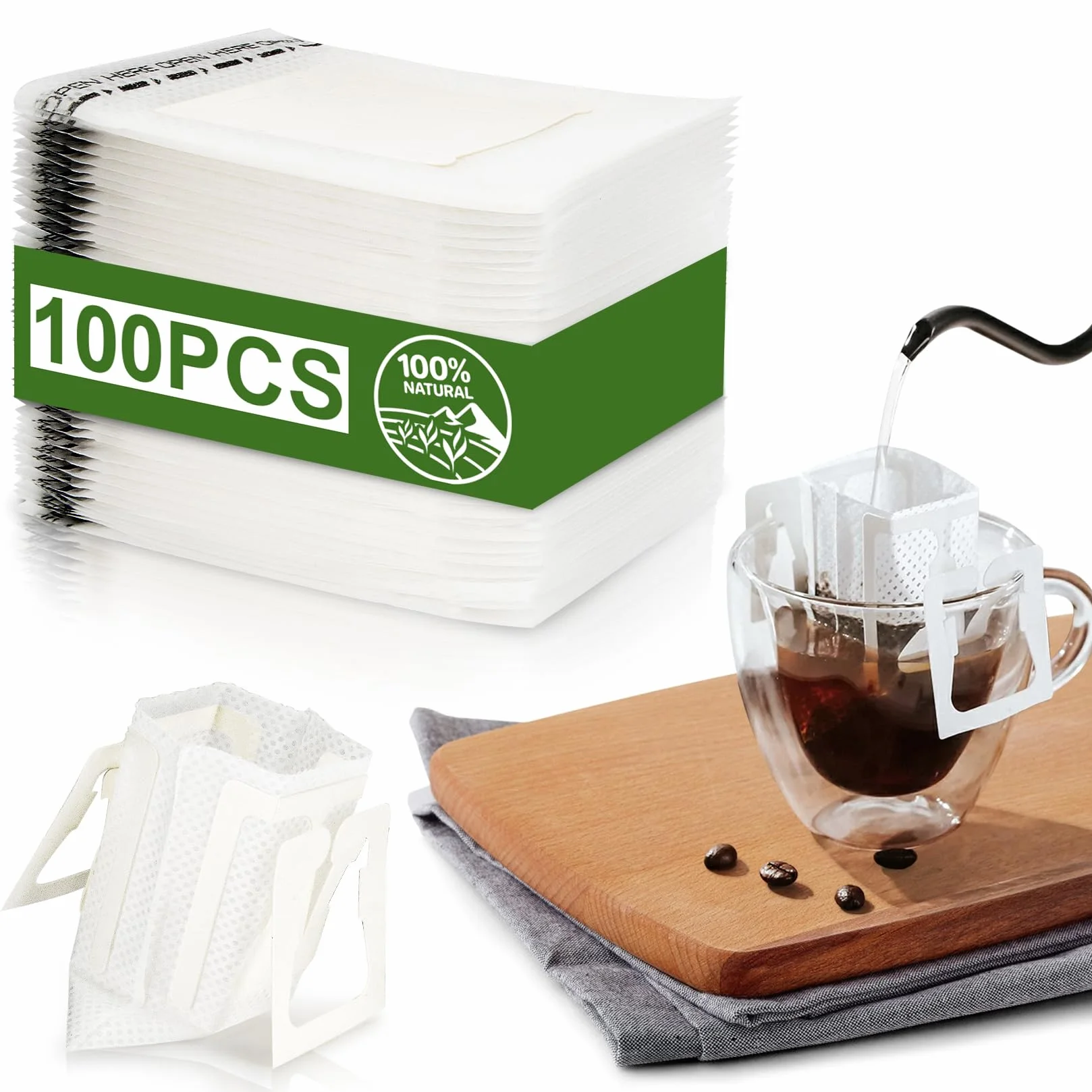 CARGEN Filtros de Café de Goteo 100 Unidades - Bolsas de Filtro Orgánicas Desechables y Portátiles con Soporte Colgante para Taza, Ideales para Viajes, Camping y Oficina